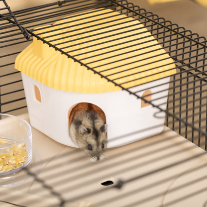 Multilevel Hamster Cage with House, Feeder, Water Bottle, Tunnel, and Wheel, Cage for Small Rodents with 4 Wheels