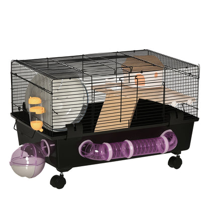 Multilevel Hamster Cage with House, Feeder, Water Bottle, Tunnel, and Wheel, Cage for Small Rodents with 4 Wheels