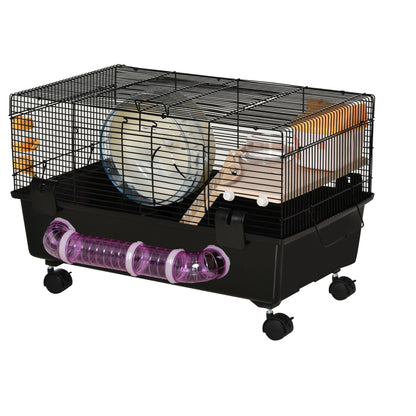 Multilevel Hamster Cage with House, Feeder, Water Bottle, Tunnel, and Wheel, Cage for Small Rodents with 4 Wheels