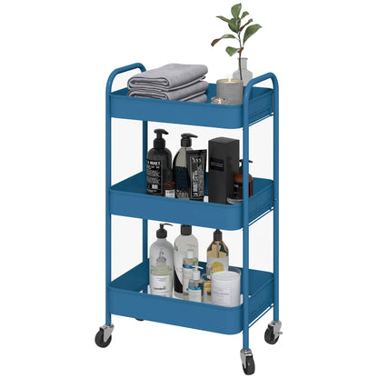 Utility Cart with Wheels 3 Baskets and Steel Frame for Living Room Bedroom Office Kitchen 45x30.6x79 cm Dark Blue