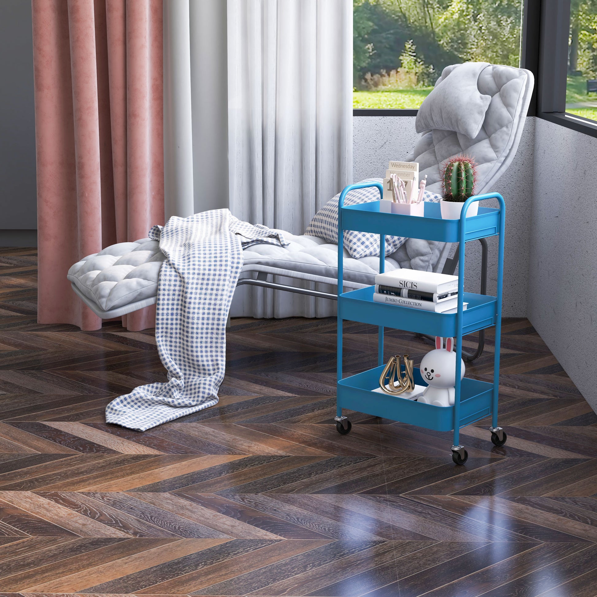 Utility Cart with Wheels 3 Baskets and Steel Frame for Living Room Bedroom Office Kitchen 45x30.6x79 cm Dark Blue