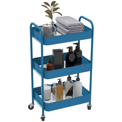 Utility Cart with Wheels 3 Baskets and Steel Frame for Living Room Bedroom Office Kitchen 45x30.6x79 cm Dark Blue