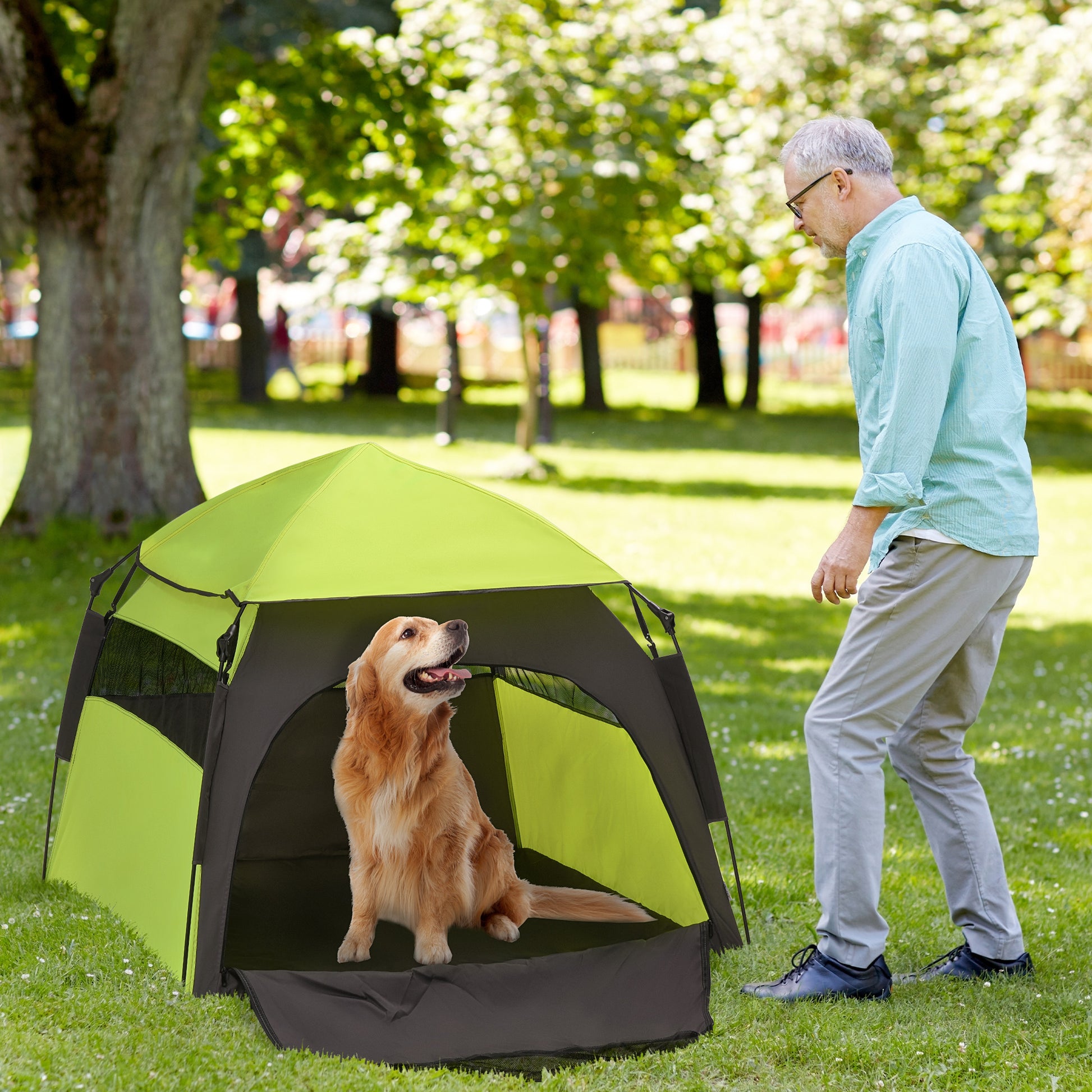 Pet Tent, Dog Tent, Outdoor Cat House, Dog House with Mesh Window, Dog Teepee Tent with Carry Bag, Sunshade for Backyard, Living Room, Green+Dark Gray