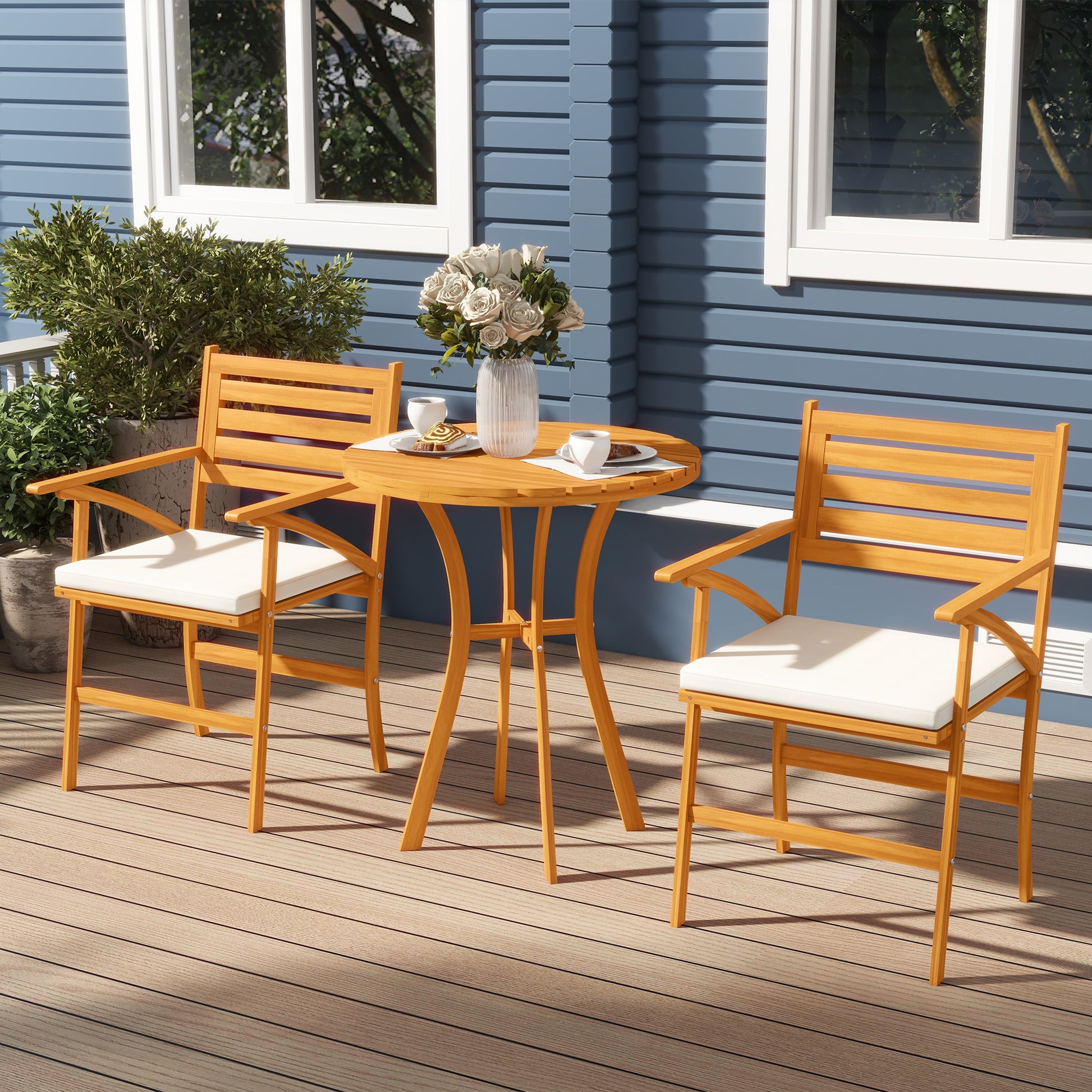 3-Piece Pine Wood Garden Set, Outdoor Set with Round Table Ø68x78 cm and 2 Chairs 55x52x87.5 cm with Cushions, Brown and Cream