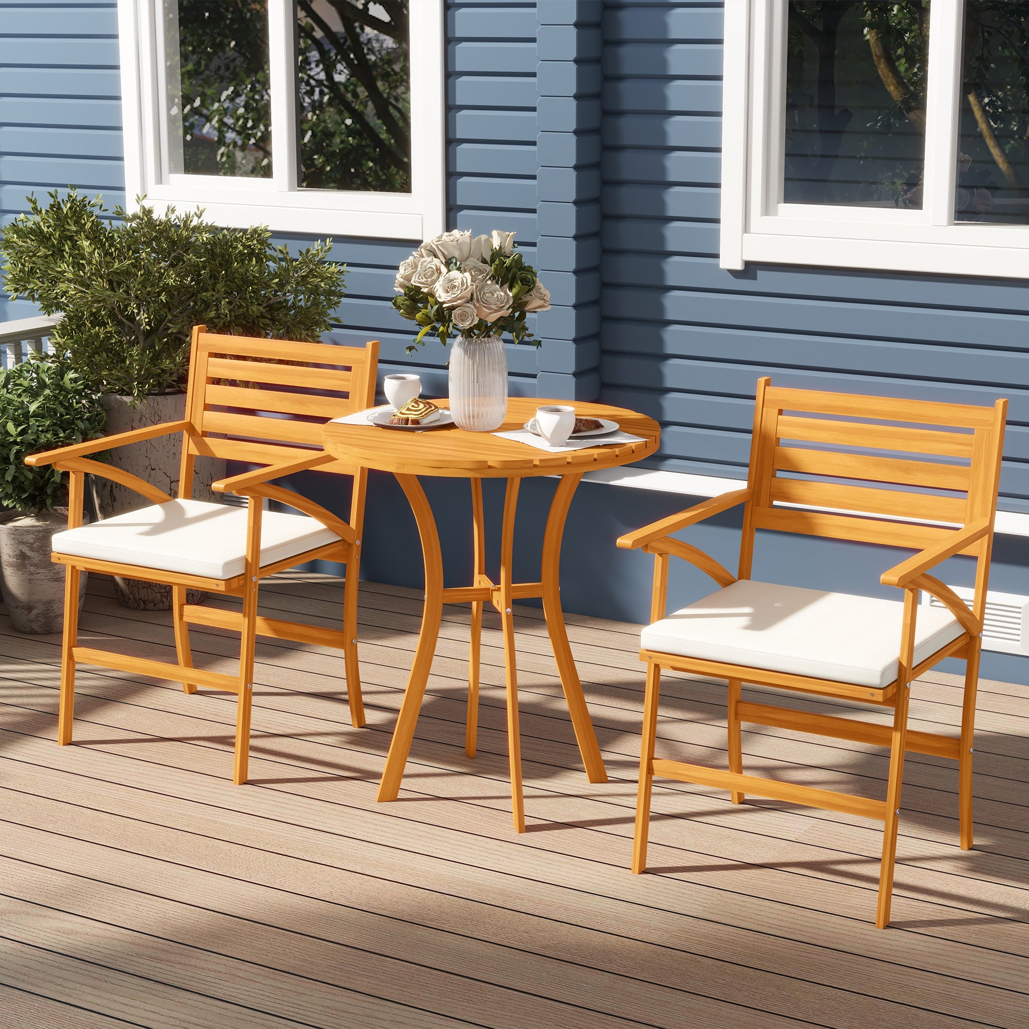 3-Piece Pine Wood Garden Set, Outdoor Set with Round Table Ø68x78 cm and 2 Chairs 55x52x87.5 cm with Cushions, Brown and Cream