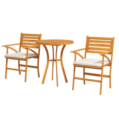 3-Piece Pine Wood Garden Set, Outdoor Set with Round Table Ø68x78 cm and 2 Chairs 55x52x87.5 cm with Cushions, Brown and Cream