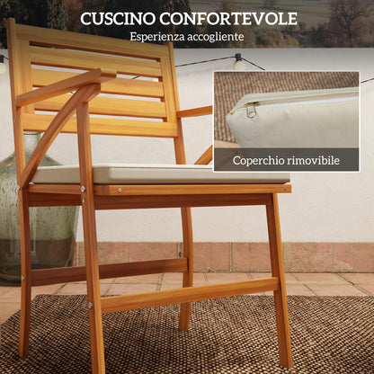 3-Piece Pine Wood Garden Set, Outdoor Set with Round Table Ø68x78 cm and 2 Chairs 55x52x87.5 cm with Cushions, Brown and Cream