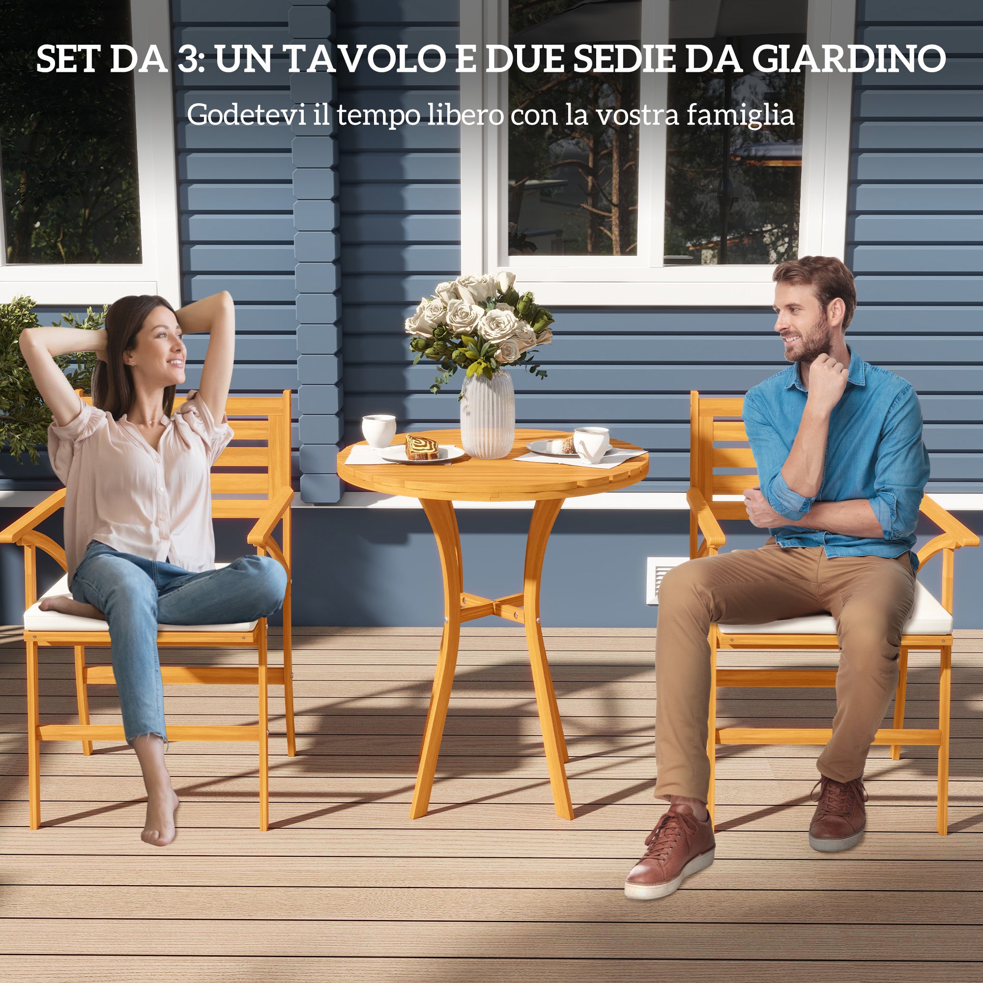 3-Piece Pine Wood Garden Set, Outdoor Set with Round Table Ø68x78 cm and 2 Chairs 55x52x87.5 cm with Cushions, Brown and Cream