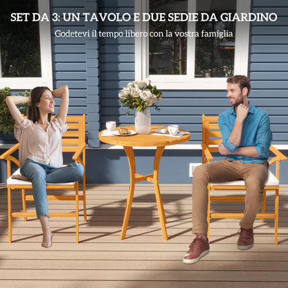 3-Piece Pine Wood Garden Set, Outdoor Set with Round Table Ø68x78 cm and 2 Chairs 55x52x87.5 cm with Cushions, Brown and Cream