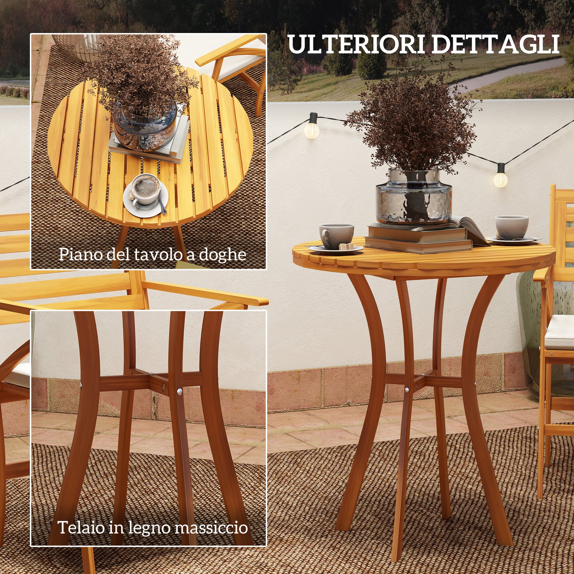 3-Piece Pine Wood Garden Set, Outdoor Set with Round Table Ø68x78 cm and 2 Chairs 55x52x87.5 cm with Cushions, Brown and Cream