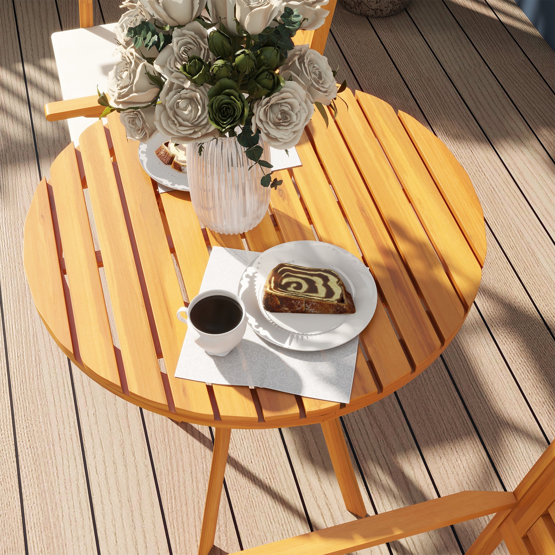 3-Piece Pine Wood Garden Set, Outdoor Set with Round Table Ø68x78 cm and 2 Chairs 55x52x87.5 cm with Cushions, Brown and Cream