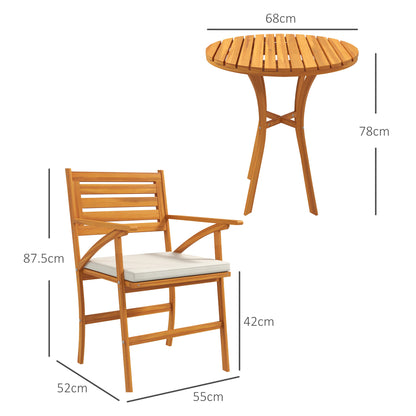 3-Piece Pine Wood Garden Set, Outdoor Set with Round Table Ø68x78 cm and 2 Chairs 55x52x87.5 cm with Cushions, Brown and Cream