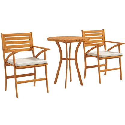 3-Piece Pine Wood Garden Set, Outdoor Set with Round Table Ø68x78 cm and 2 Chairs 55x52x87.5 cm with Cushions, Brown and Cream