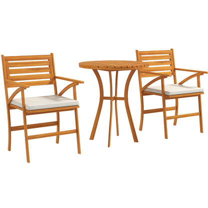 3-Piece Pine Wood Garden Set, Outdoor Set with Round Table Ø68x78 cm and 2 Chairs 55x52x87.5 cm with Cushions, Brown and Cream