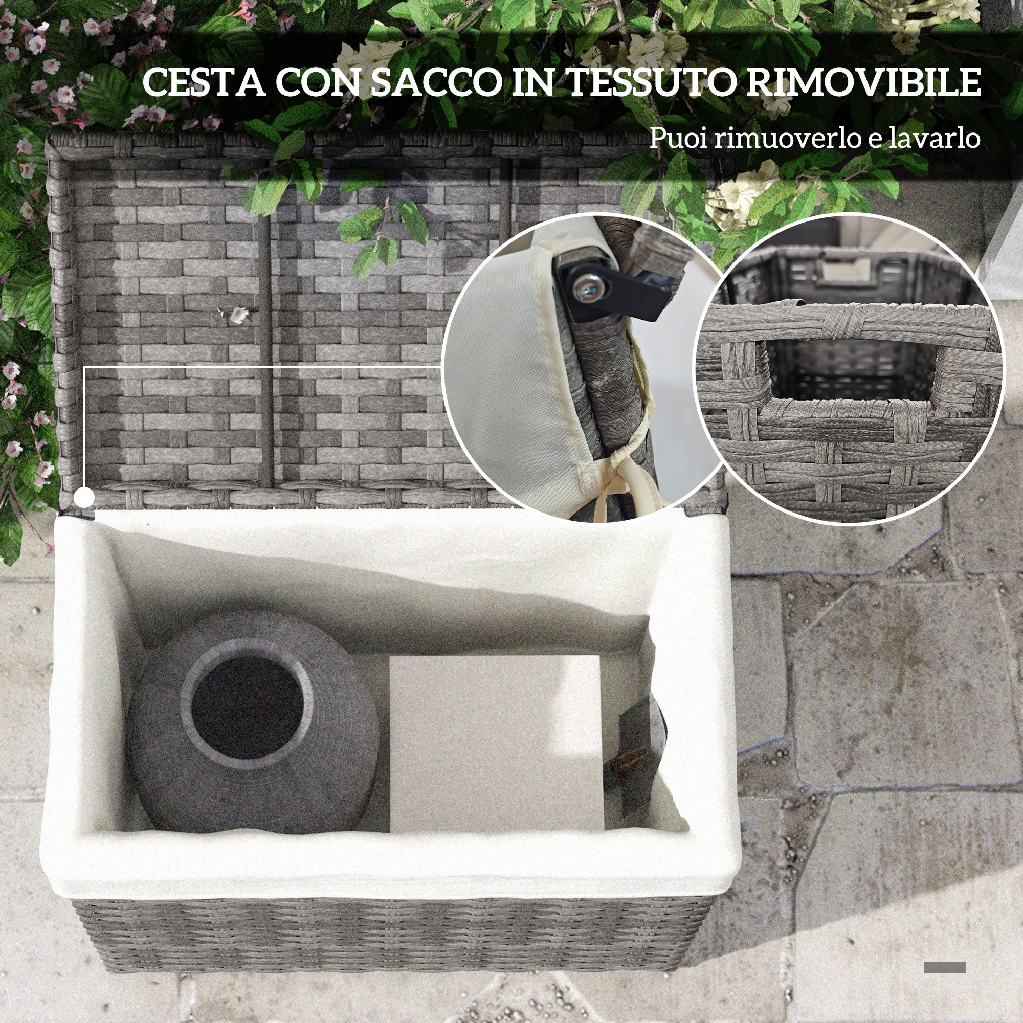 Garden Box in PE Rattan, Outdoor Storage Bench with Non-slip Feet and Waterproof Fabric Lining, 57x34x62cm, Gray and Beige