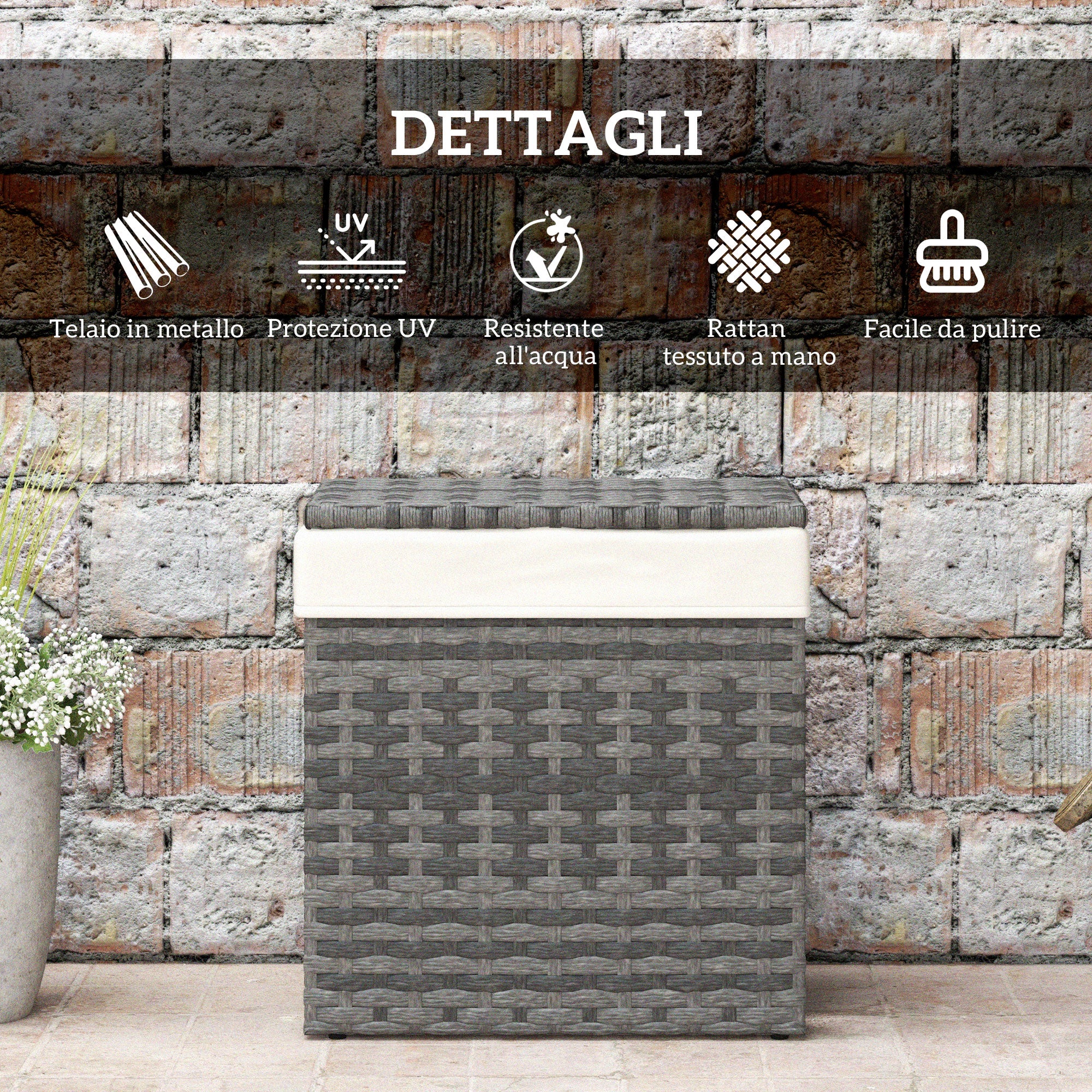 Garden Box in PE Rattan, Outdoor Storage Bench with Non-slip Feet and Waterproof Fabric Lining, 57x34x62cm, Gray and Beige
