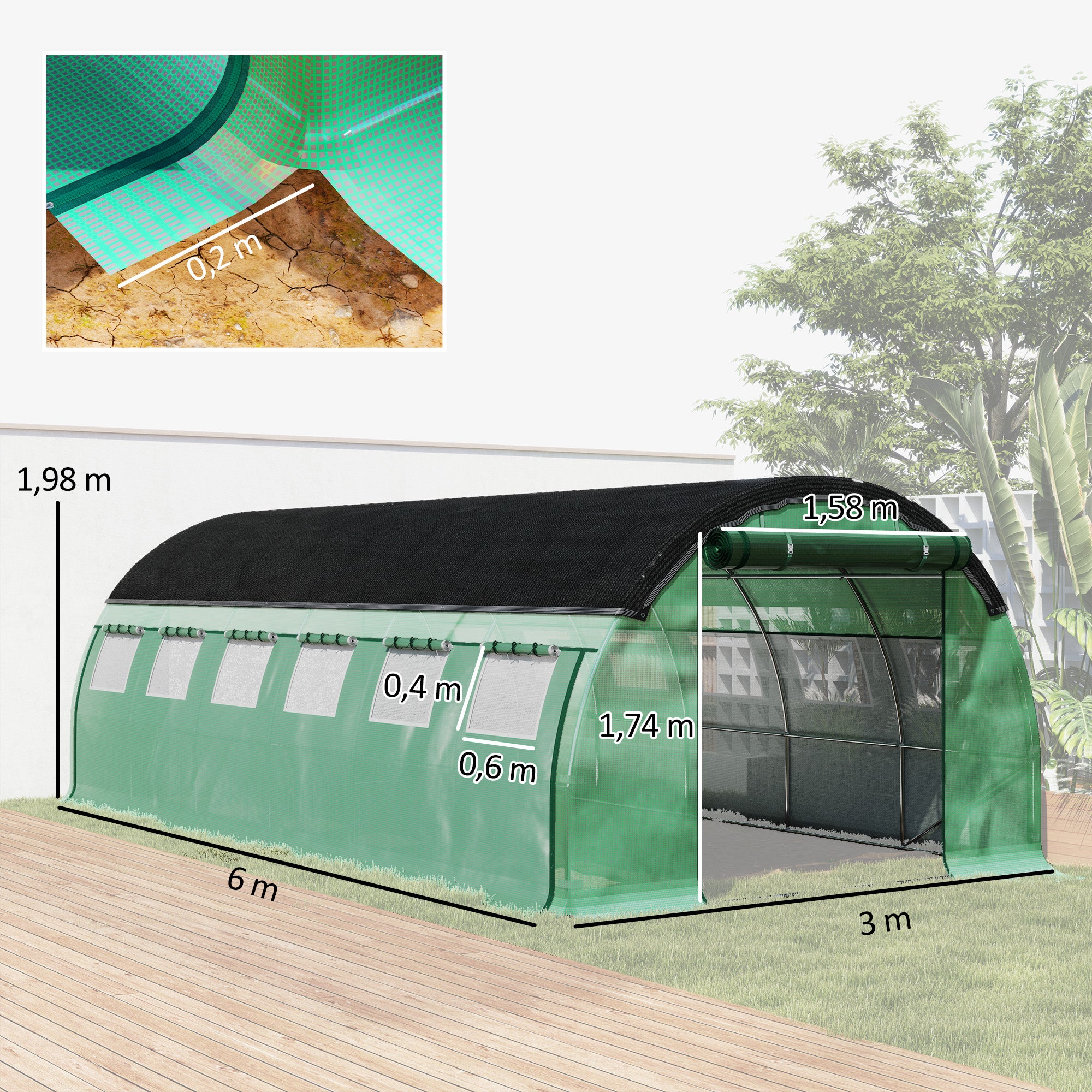 Greenhouse 6 x 3 x 2 m Foil Greenhouse with 12 Windows, Roll Doors, Roll-up Side Walls, UV-Resistant Foil Tunnel, Winterproof Tomato House with Ground Anchors, Green