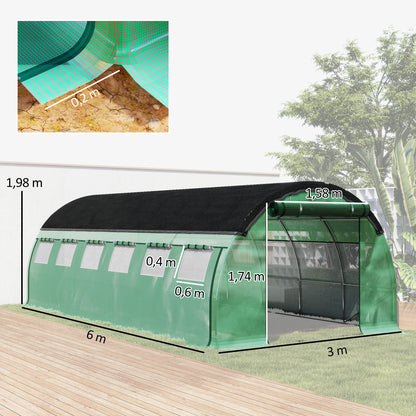 Greenhouse 6 x 3 x 2 m Foil Greenhouse with 12 Windows, Roll Doors, Roll-up Side Walls, UV-Resistant Foil Tunnel, Winterproof Tomato House with Ground Anchors, Green