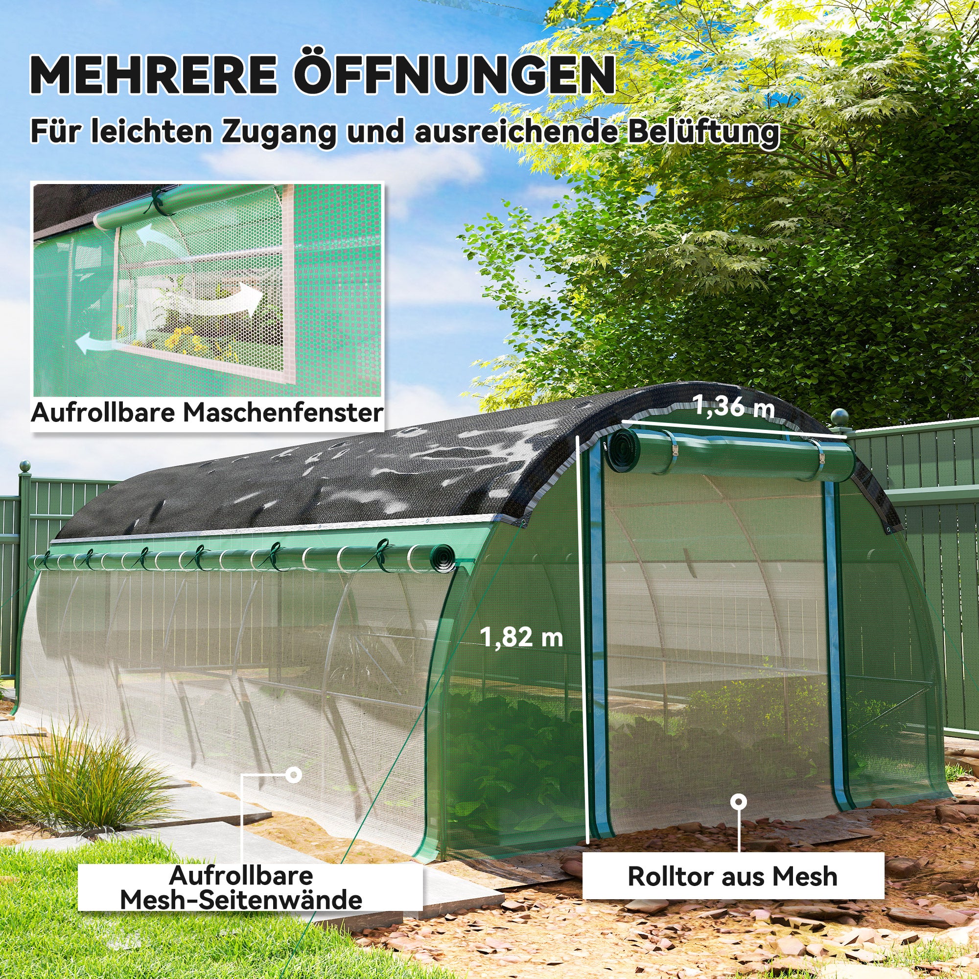 Greenhouse 6 x 3 x 2 m Foil Greenhouse with 12 Windows, Roll Doors, Roll-up Side Walls, UV-Resistant Foil Tunnel, Winterproof Tomato House with Ground Anchors, Green