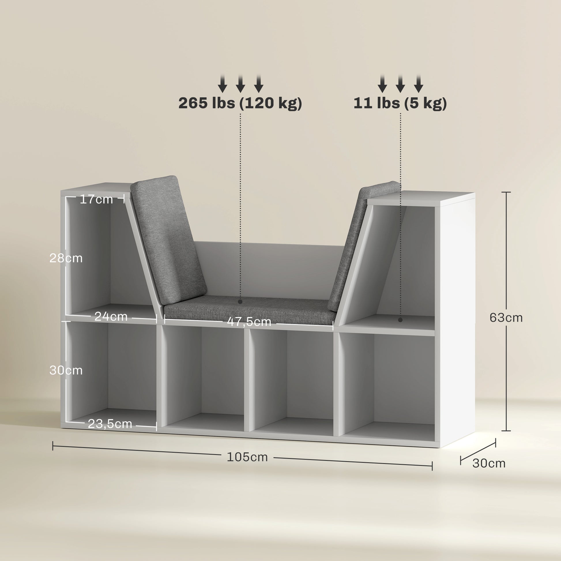 Bookshelf Storage Rack with Bench, Compartments Toy Shelf Bookcase for Bedroom, 105 x 30 x 63 cm White