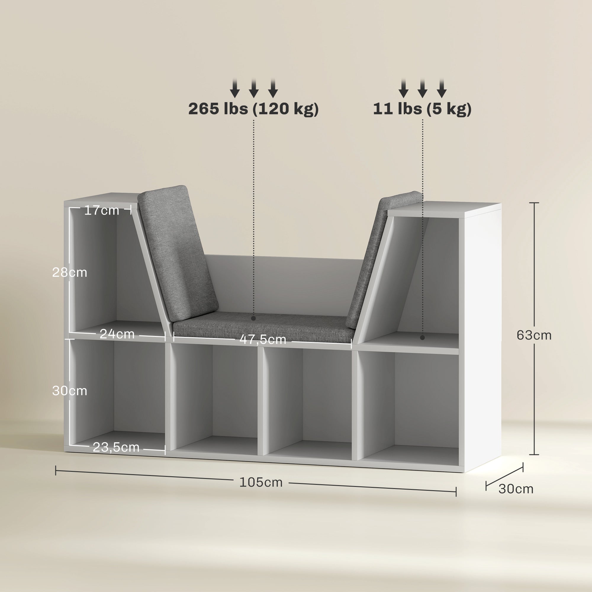 Bookshelf Storage Rack with Bench, Compartments Toy Shelf Bookcase for Bedroom, 105 x 30 x 63 cm White