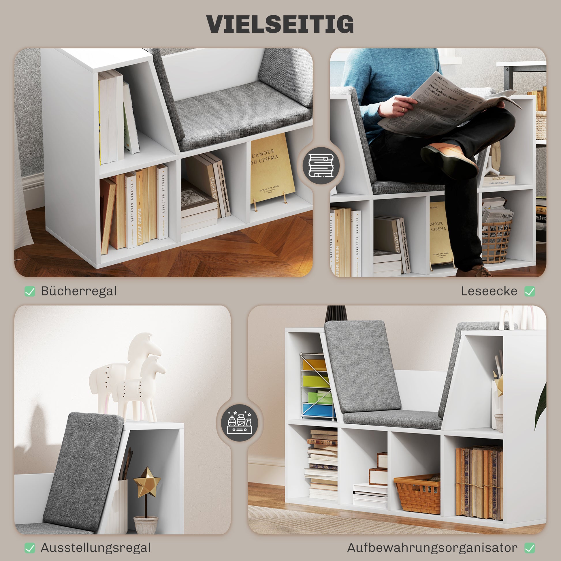 Bookshelf Storage Rack with Bench, Compartments Toy Shelf Bookcase for Bedroom, 105 x 30 x 63 cm White