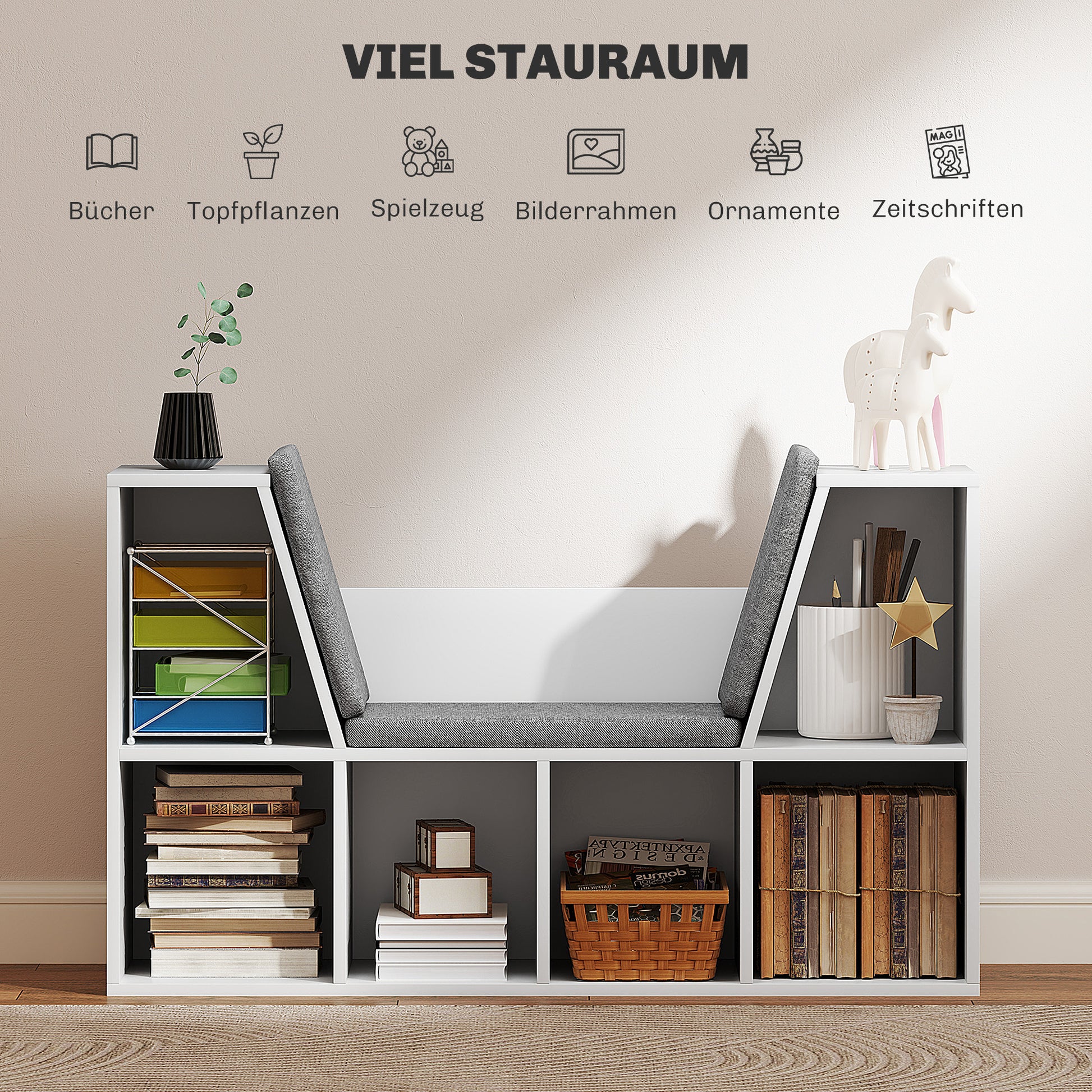 Bookshelf Storage Rack with Bench, Compartments Toy Shelf Bookcase for Bedroom, 105 x 30 x 63 cm White