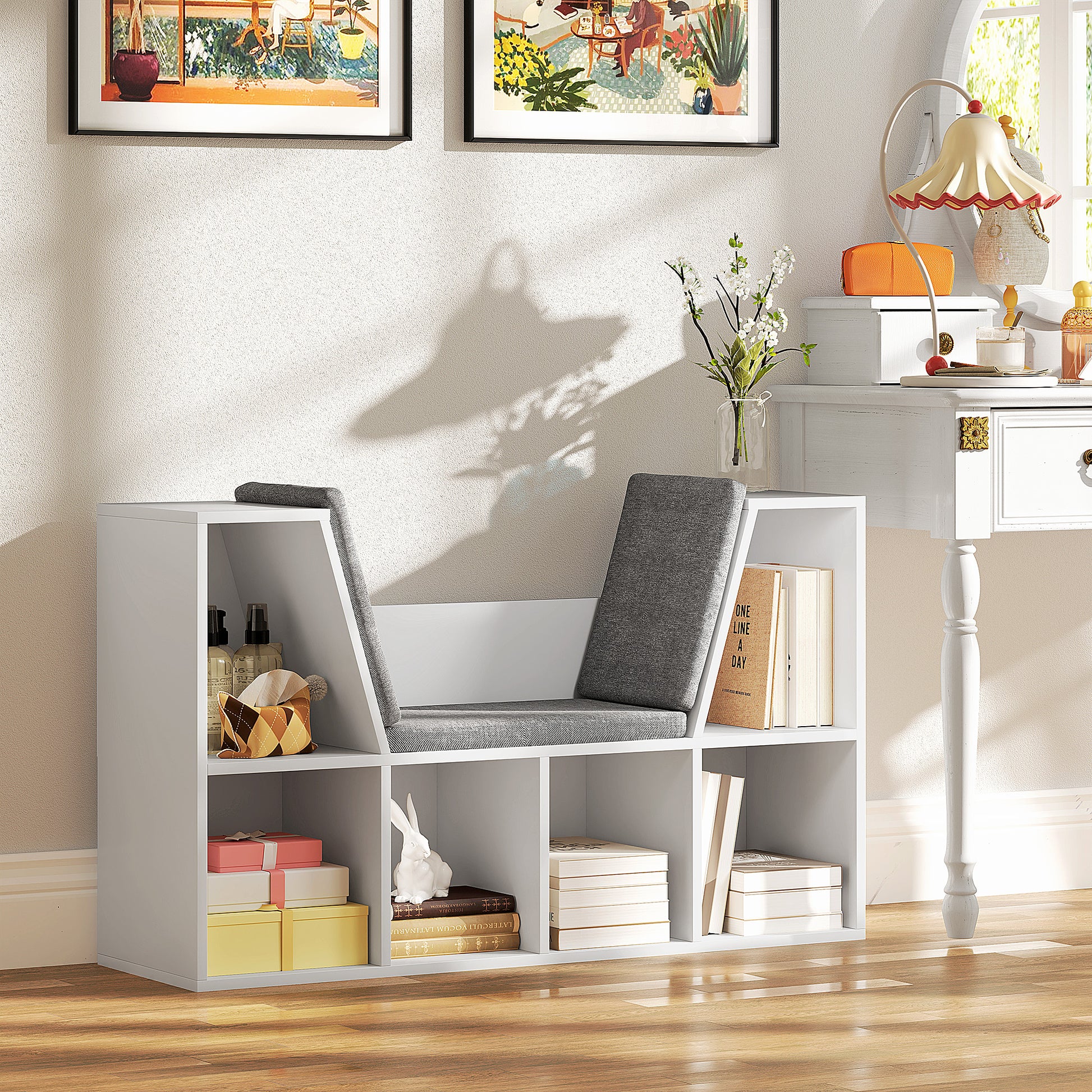 Bookshelf Storage Rack with Bench, Compartments Toy Shelf Bookcase for Bedroom, 105 x 30 x 63 cm White