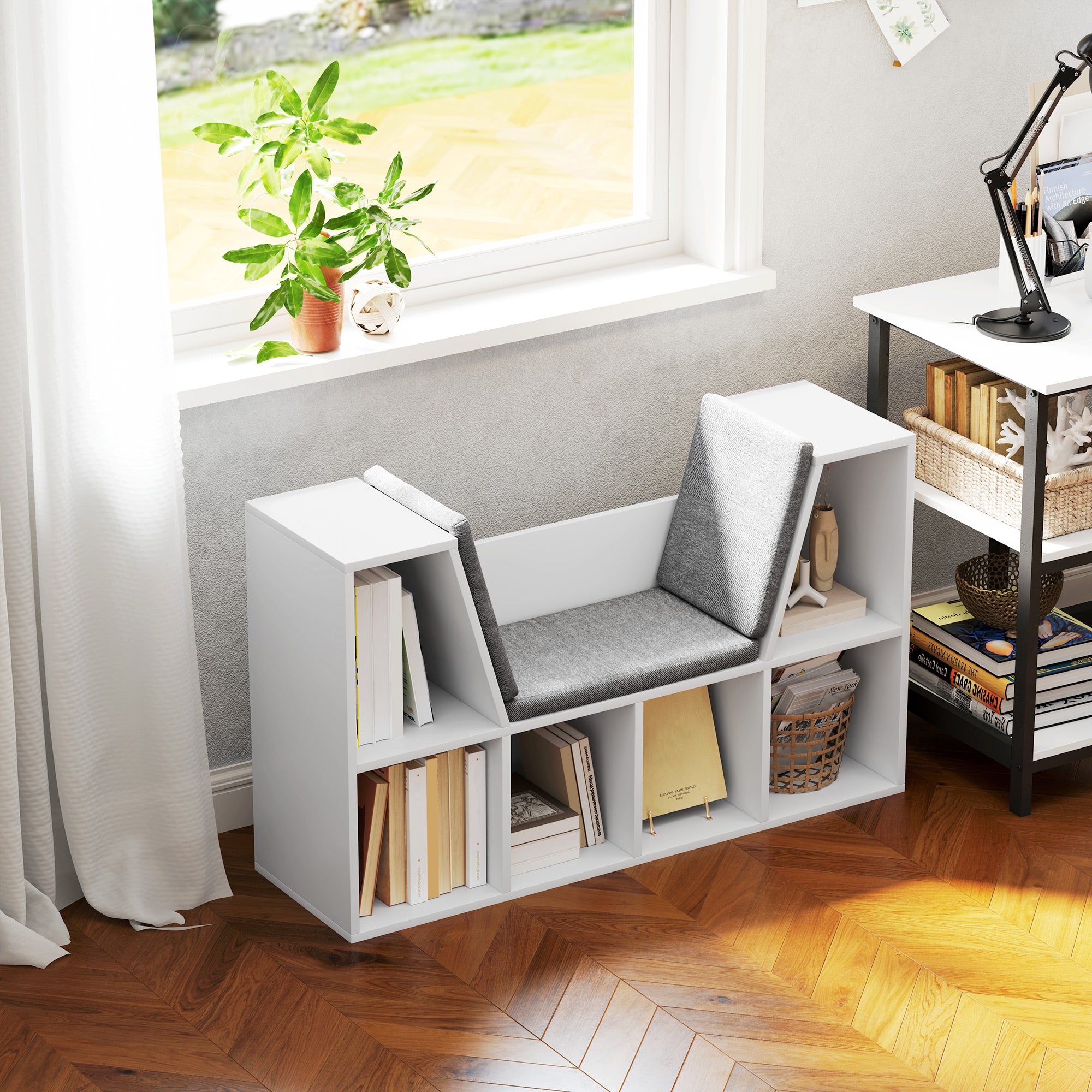 Bookshelf Storage Rack with Bench, Compartments Toy Shelf Bookcase for Bedroom, 105 x 30 x 63 cm White
