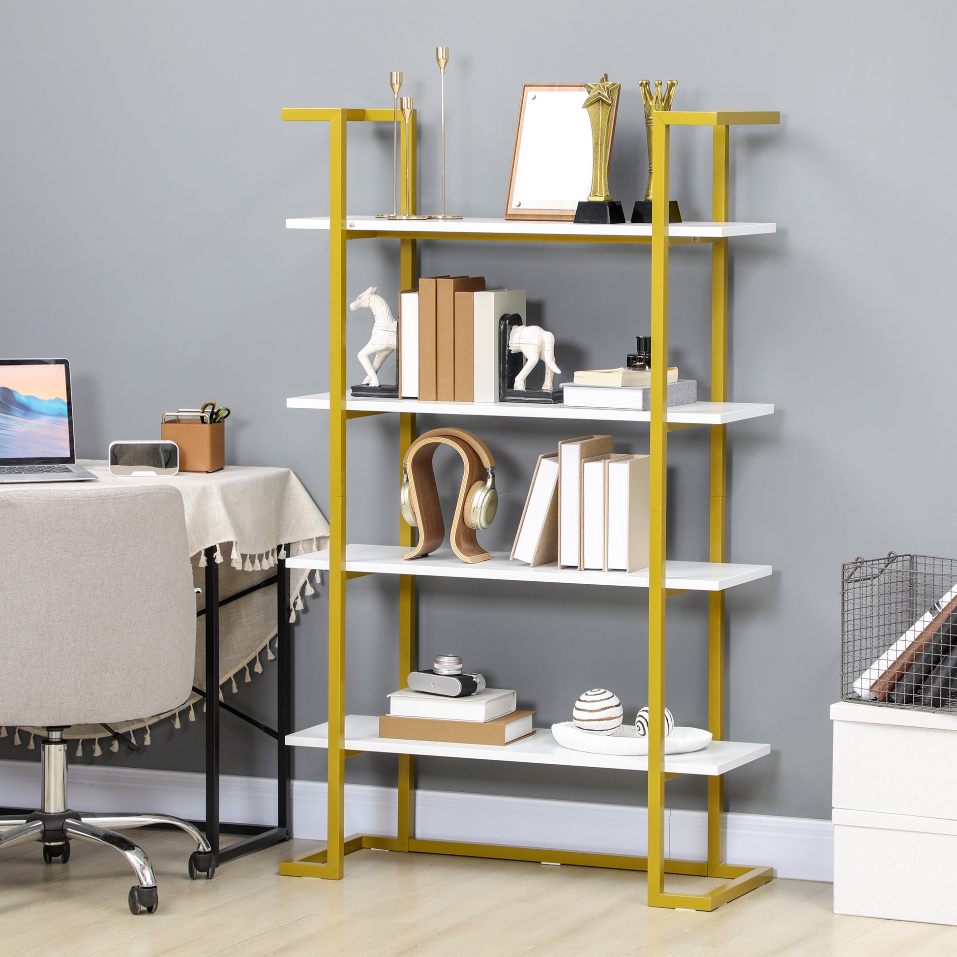 4-Level Raised and Multi-Purpose Bookshelf, in MDF and Steel, 92x35x152cm, White and Gold