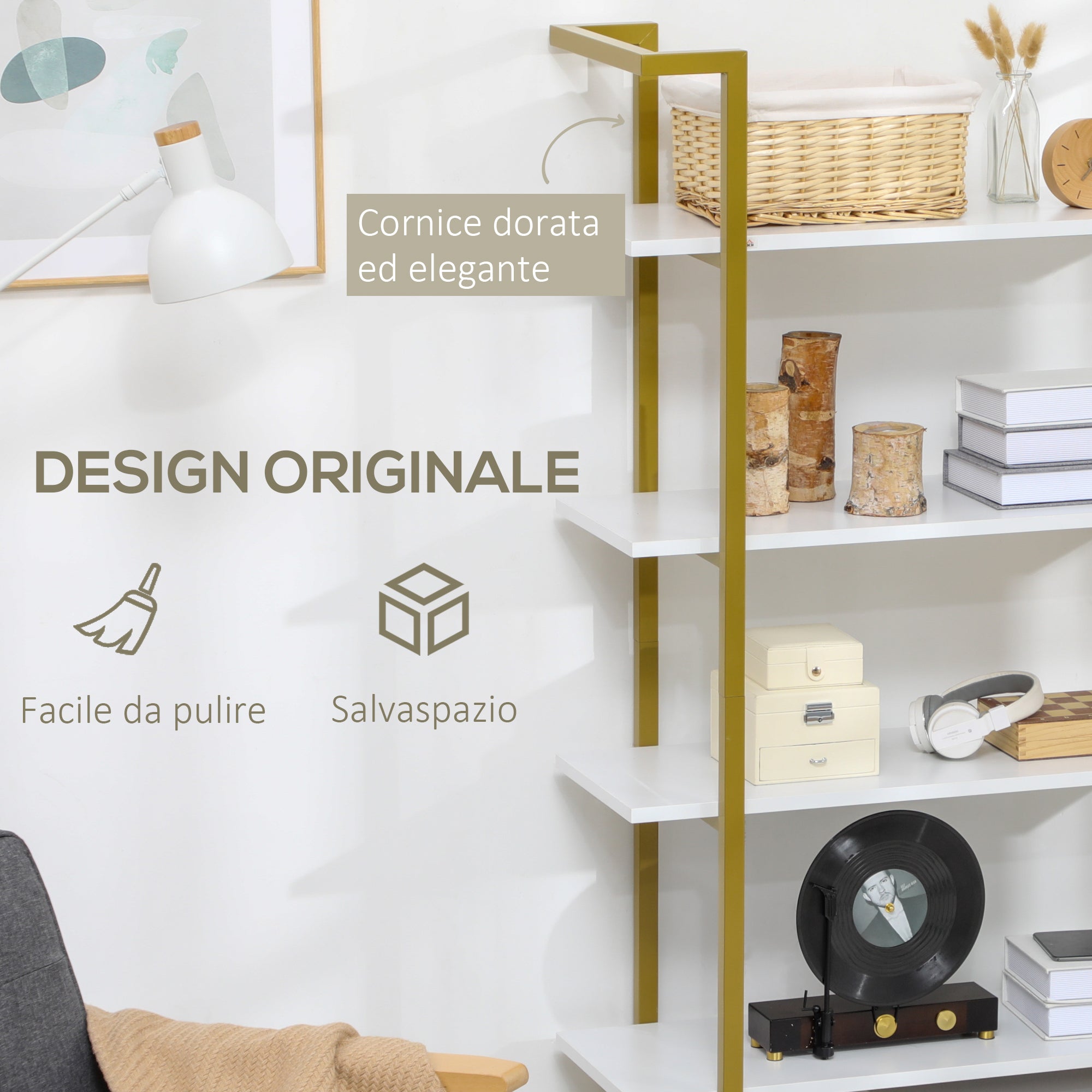 4-Level Raised and Multi-Purpose Bookshelf, in MDF and Steel, 92x35x152cm, White and Gold
