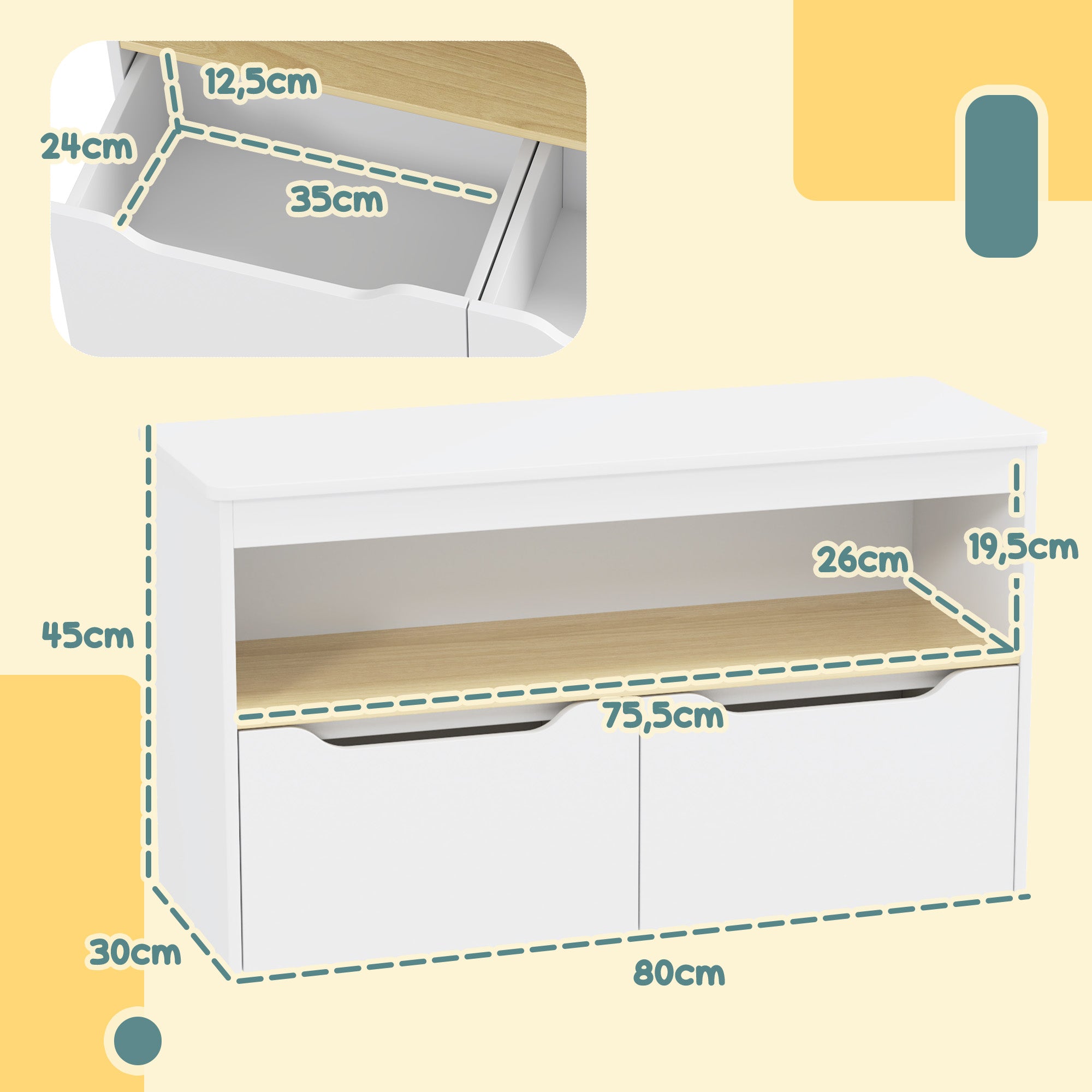Children's Toy Shelf Bookcase with 2 Drawers and Compartment for Living Room Bedroom Playroom 80x30x45 cm White