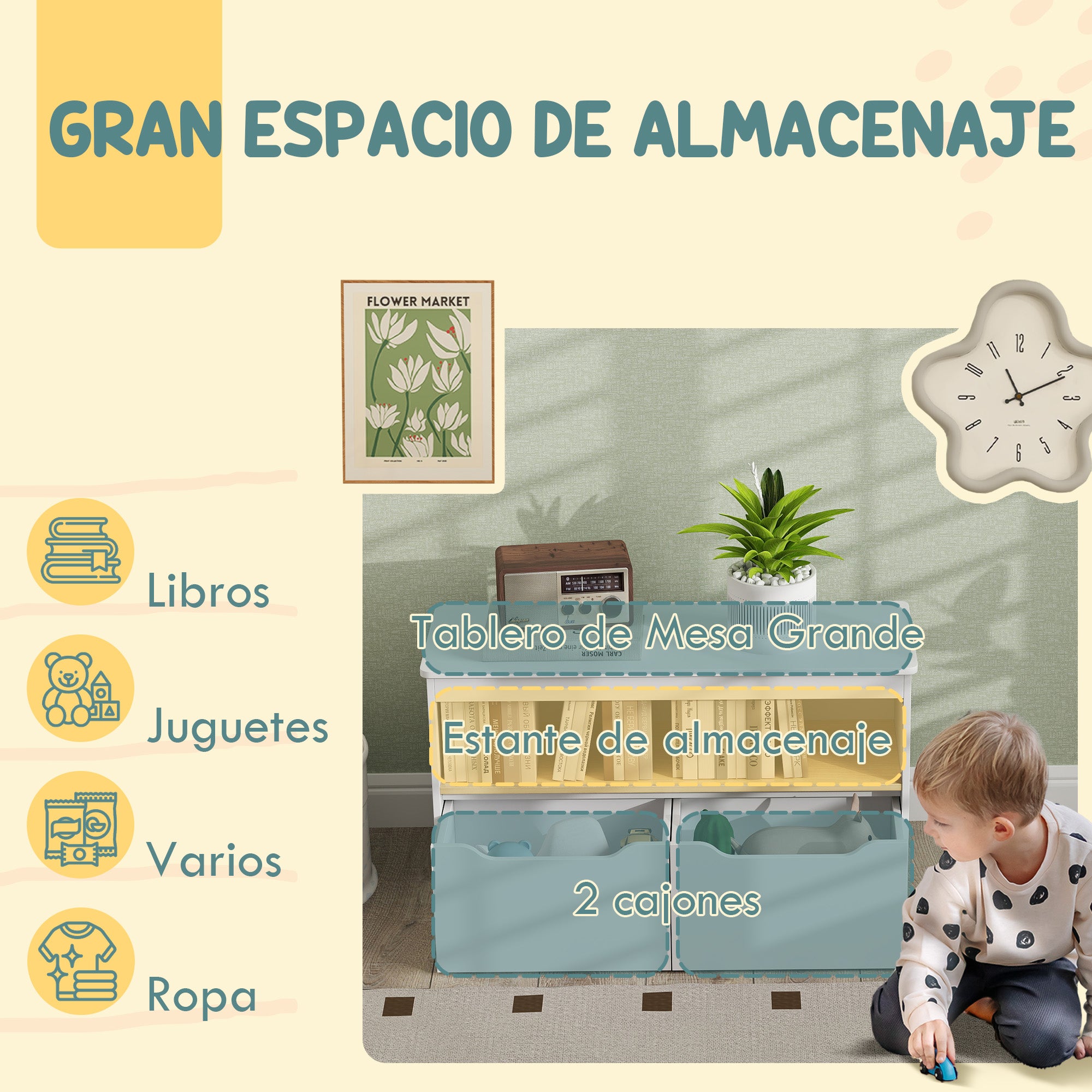 Children's Toy Shelf Bookcase with 2 Drawers and Compartment for Living Room Bedroom Playroom 80x30x45 cm White