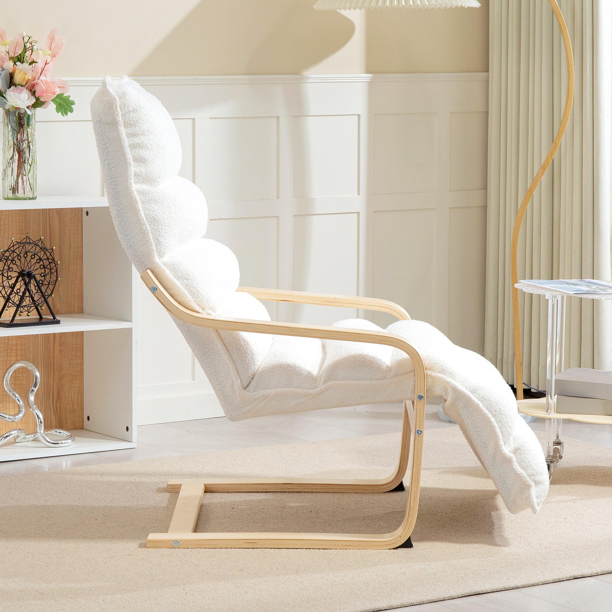 Relax Armchair, Padded Lounge Armchair with Adjustable Footrest, Sherpa Fleece for Living Room Rocking Chair with Armrest, Reading Chair White