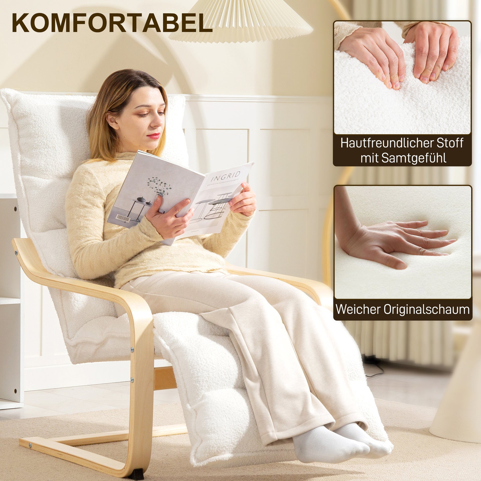 Relax Armchair, Padded Lounge Armchair with Adjustable Footrest, Sherpa Fleece for Living Room Rocking Chair with Armrest, Reading Chair White