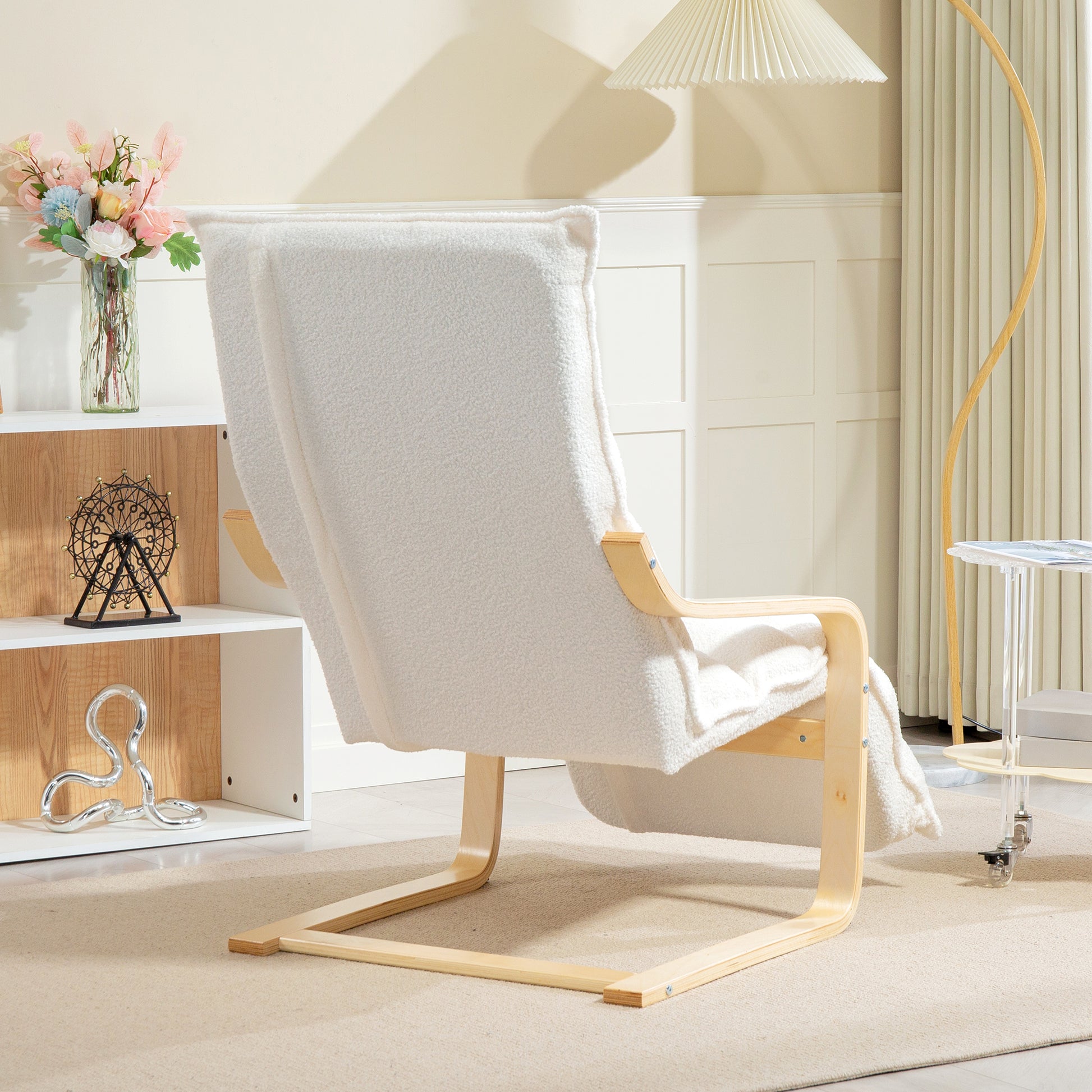 Relax Armchair, Padded Lounge Armchair with Adjustable Footrest, Sherpa Fleece for Living Room Rocking Chair with Armrest, Reading Chair White