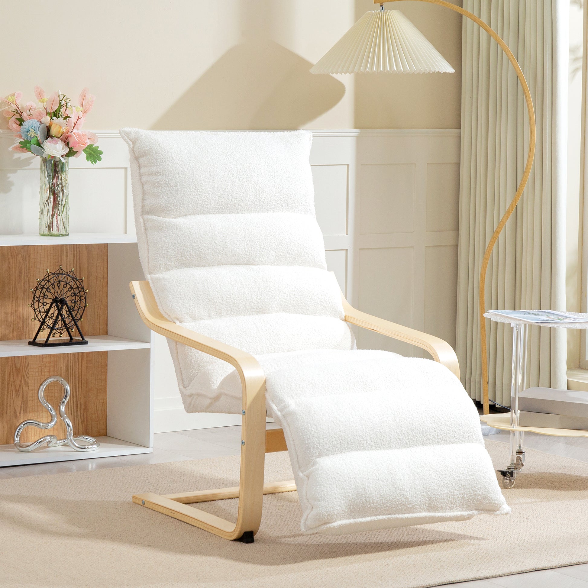 Relax Armchair, Padded Lounge Armchair with Adjustable Footrest, Sherpa Fleece for Living Room Rocking Chair with Armrest, Reading Chair White