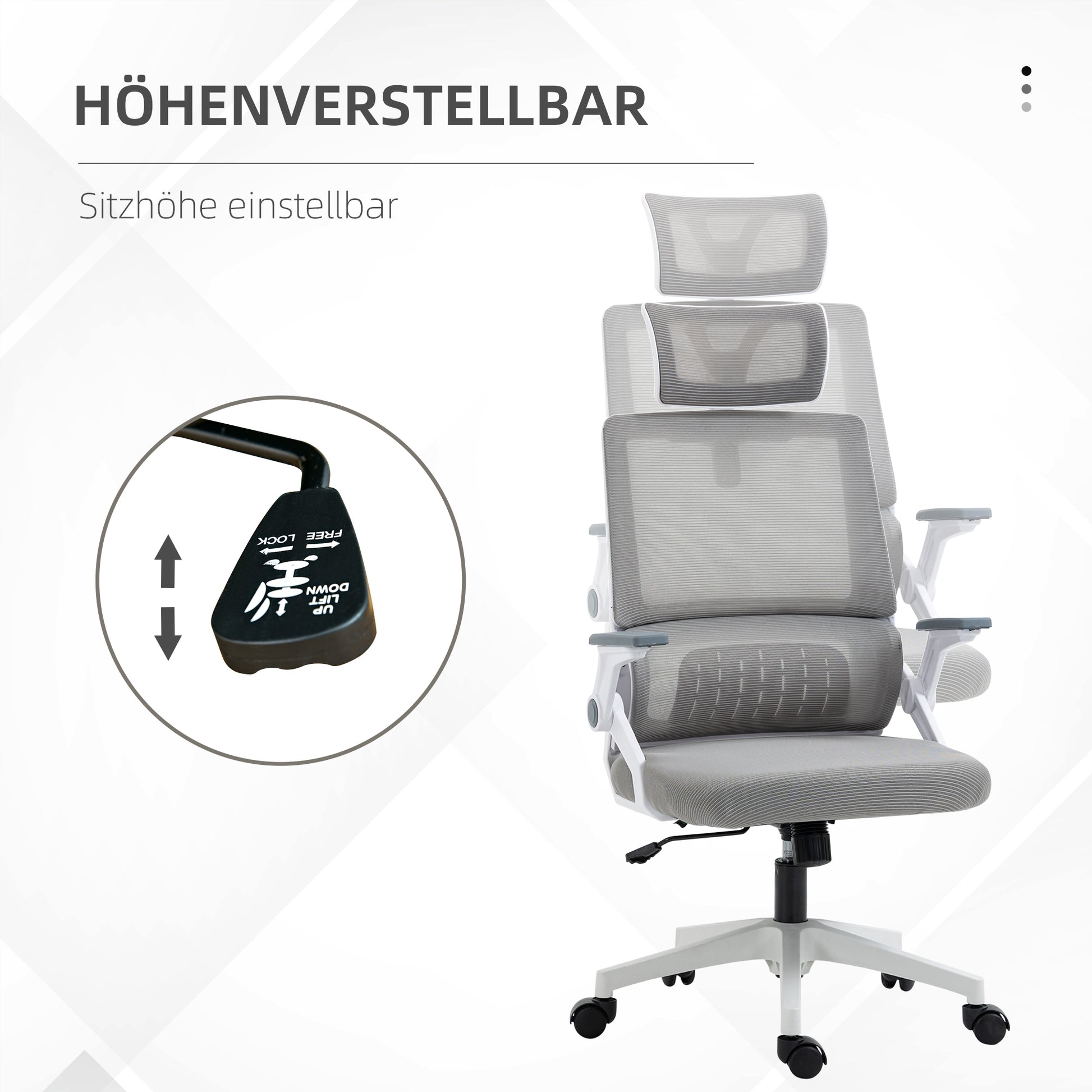 Office Chair Ergonomic, Desk Chair with Adjustable Headrest, Adjustable Armrest Computer Chair Swivel Chair with Rocking Function, Lumbar Support, Mesh, Gray