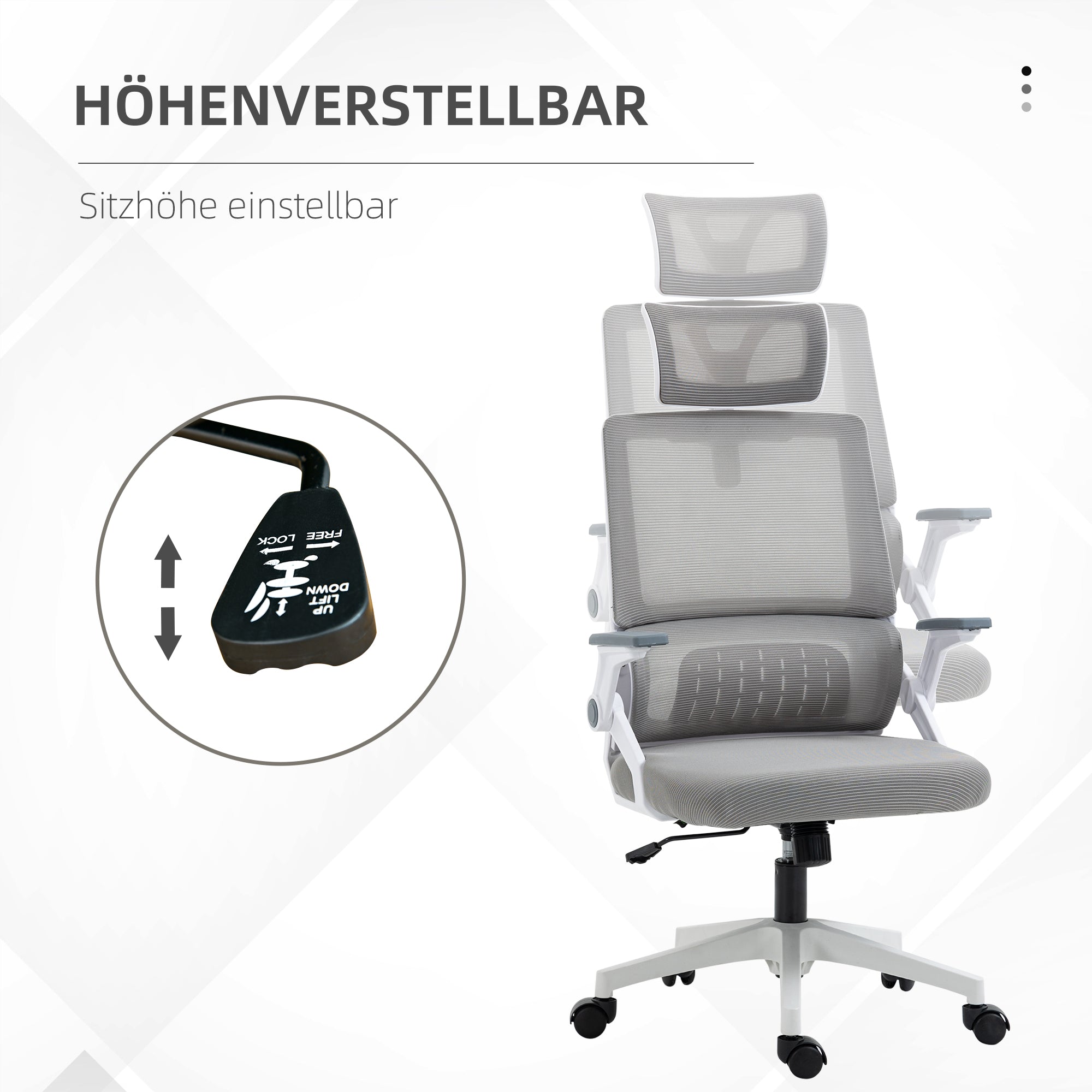 Office Chair Ergonomic, Desk Chair with Adjustable Headrest, Adjustable Armrest Computer Chair Swivel Chair with Rocking Function, Lumbar Support, Mesh, Gray