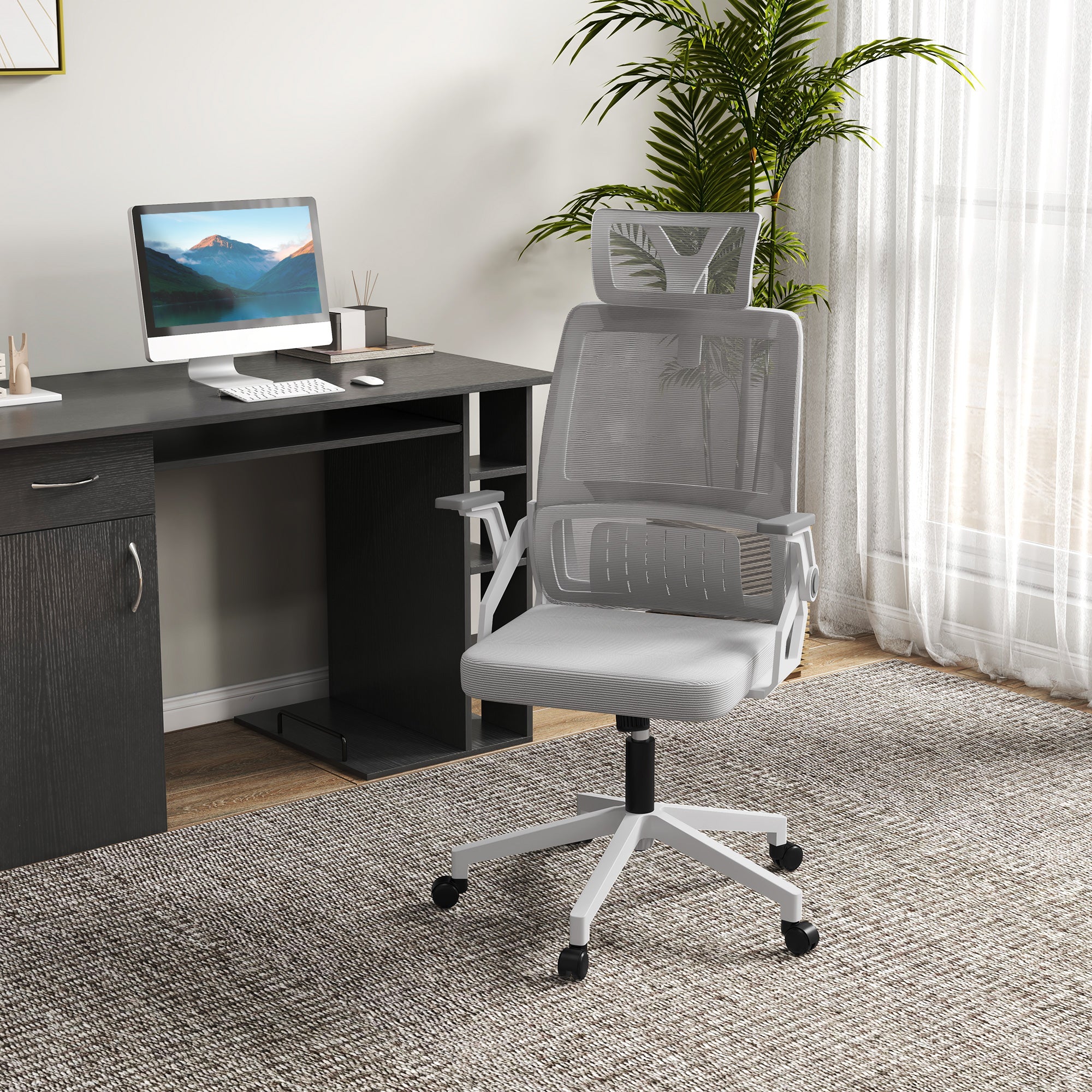 Office Chair Ergonomic, Desk Chair with Adjustable Headrest, Adjustable Armrest Computer Chair Swivel Chair with Rocking Function, Lumbar Support, Mesh, Gray