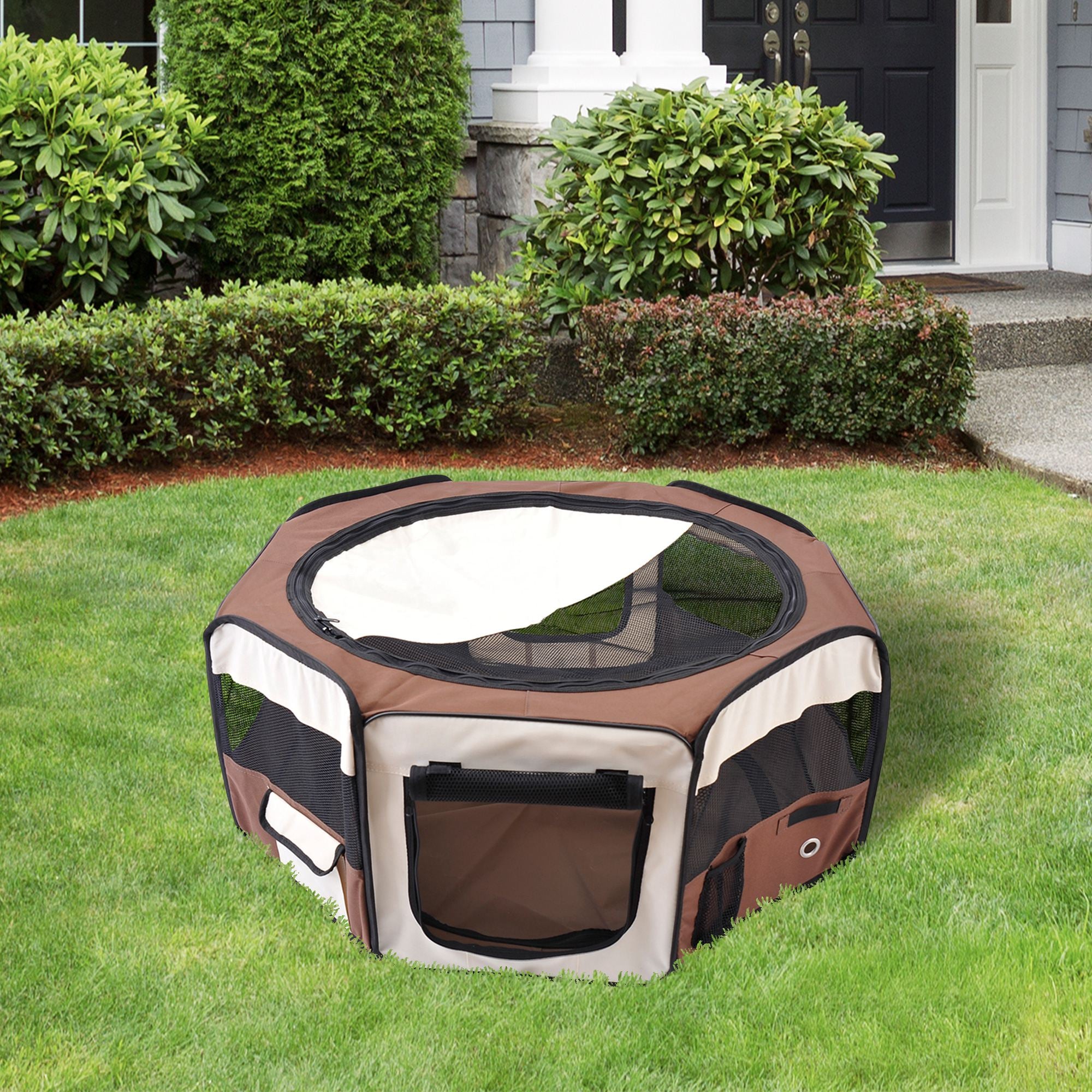 Foldable octagonal playpen for cats and small animals in Oxford fabric and steel - dim. Ø 90 x 41H cm - beige brown
