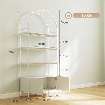 4-Tier Arched Storage Shelf with Double-Door Cabinet, Adjustable Feet, Steel Frame, for Office, Living Room, Bedroom — 80 x 30 x 187 cm (31.5 x 11.8 x 73.6 in), White