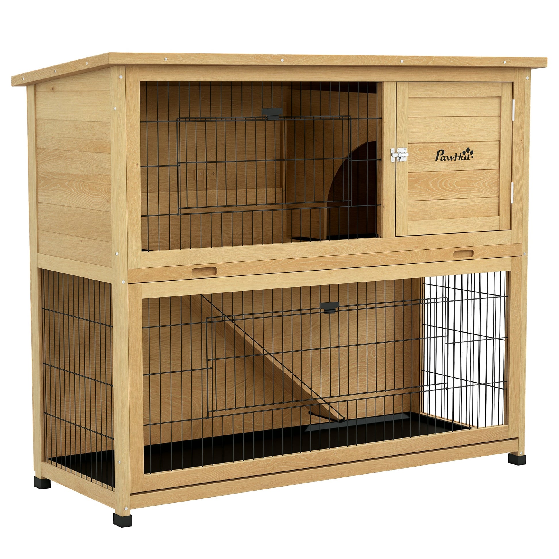 Rabbit Hutch 2 Levels with 3 Lockable Doors Sliding Tray Ramp and Bituminous Roof Solid Wood, 120 x 50 x 102 cm, Yellow