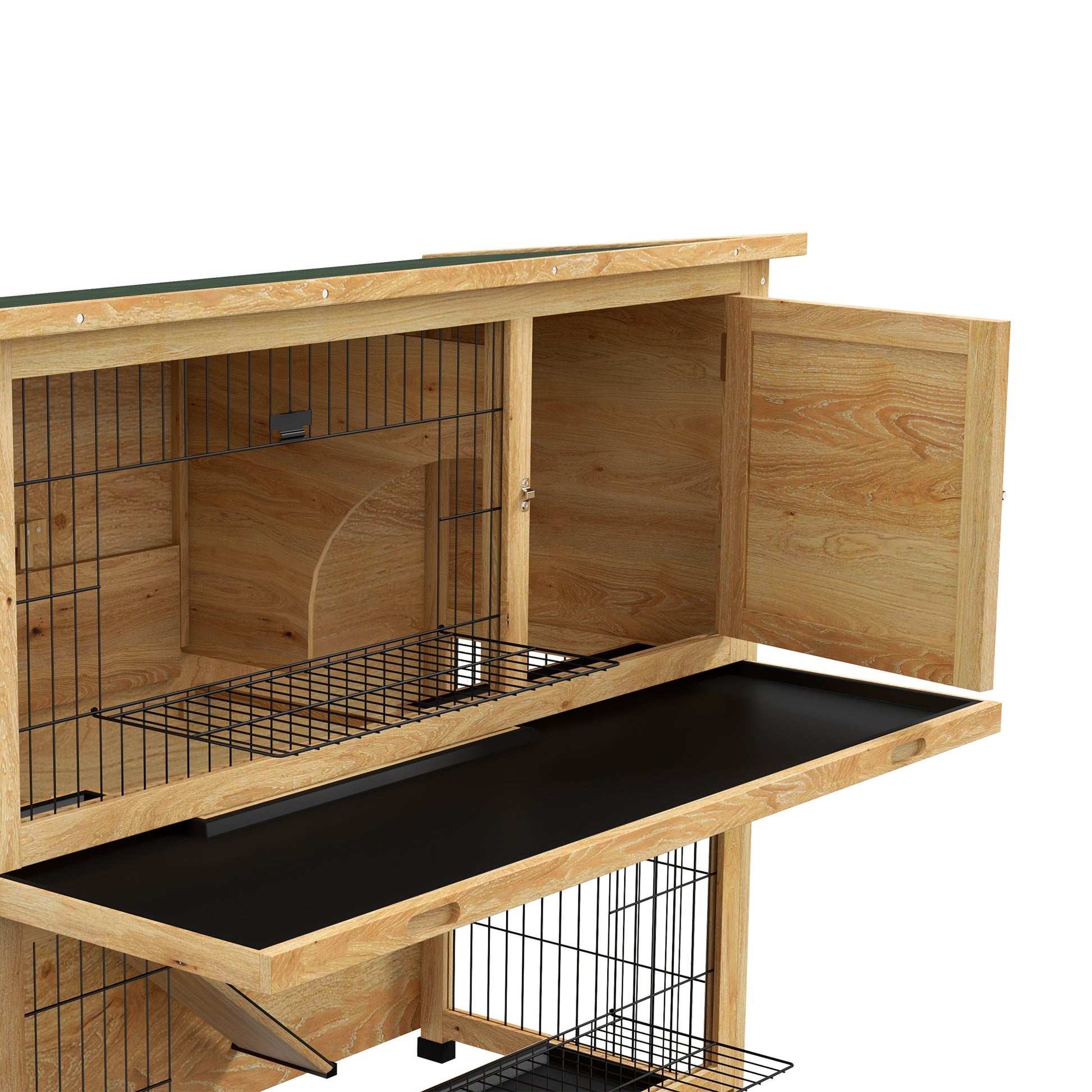 Rabbit Hutch 2 Levels with 3 Lockable Doors Sliding Tray Ramp and Bituminous Roof Solid Wood, 120 x 50 x 102 cm, Yellow