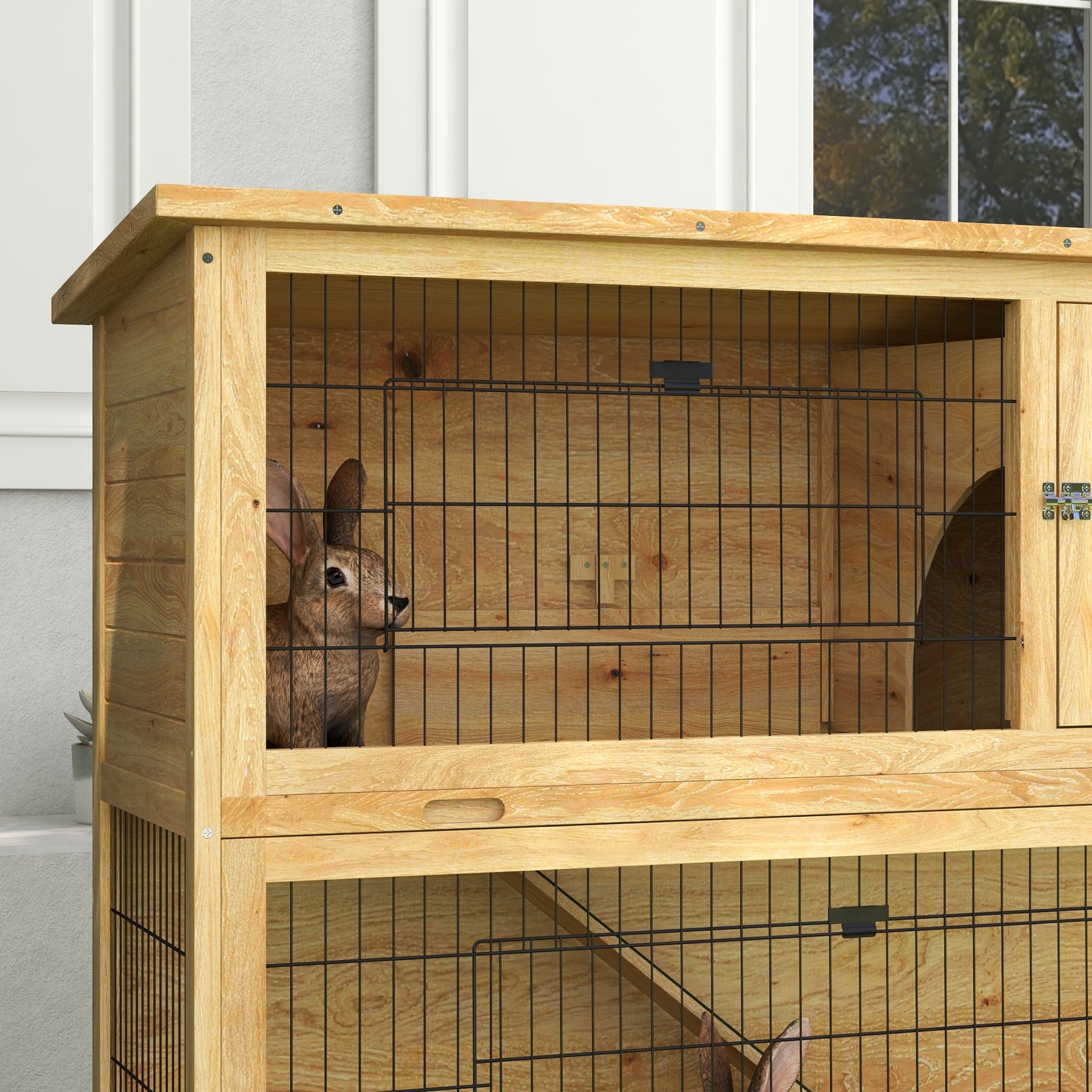 Rabbit Hutch 2 Levels with 3 Lockable Doors Sliding Tray Ramp and Bituminous Roof Solid Wood, 120 x 50 x 102 cm, Yellow