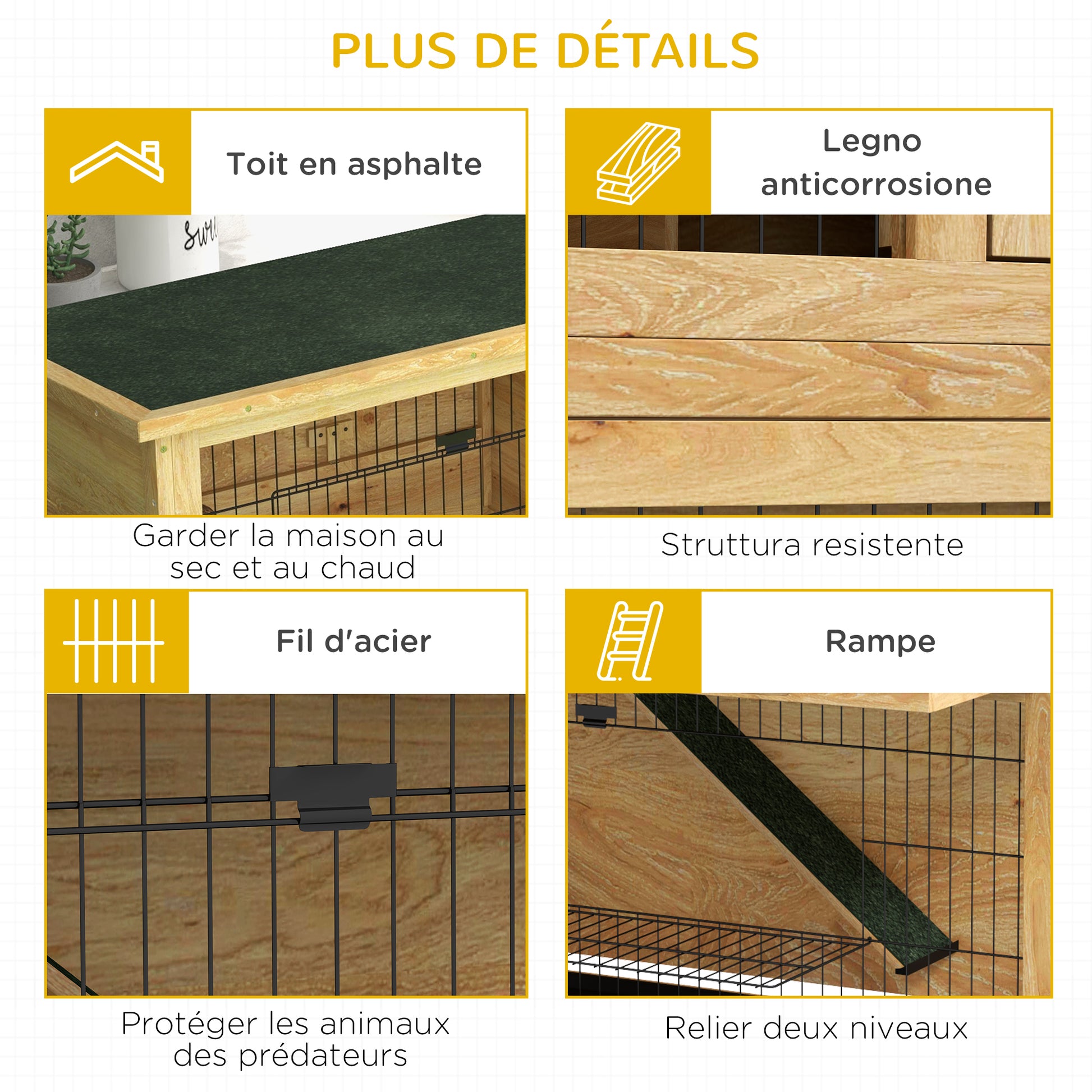 Rabbit Hutch 2 Levels with 3 Lockable Doors Sliding Tray Ramp and Bituminous Roof Solid Wood, 120 x 50 x 102 cm, Yellow