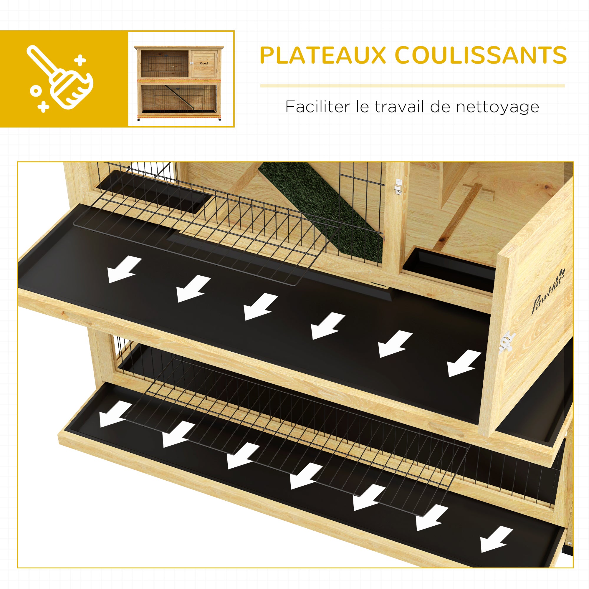 Rabbit Hutch 2 Levels with 3 Lockable Doors Sliding Tray Ramp and Bituminous Roof Solid Wood, 120 x 50 x 102 cm, Yellow