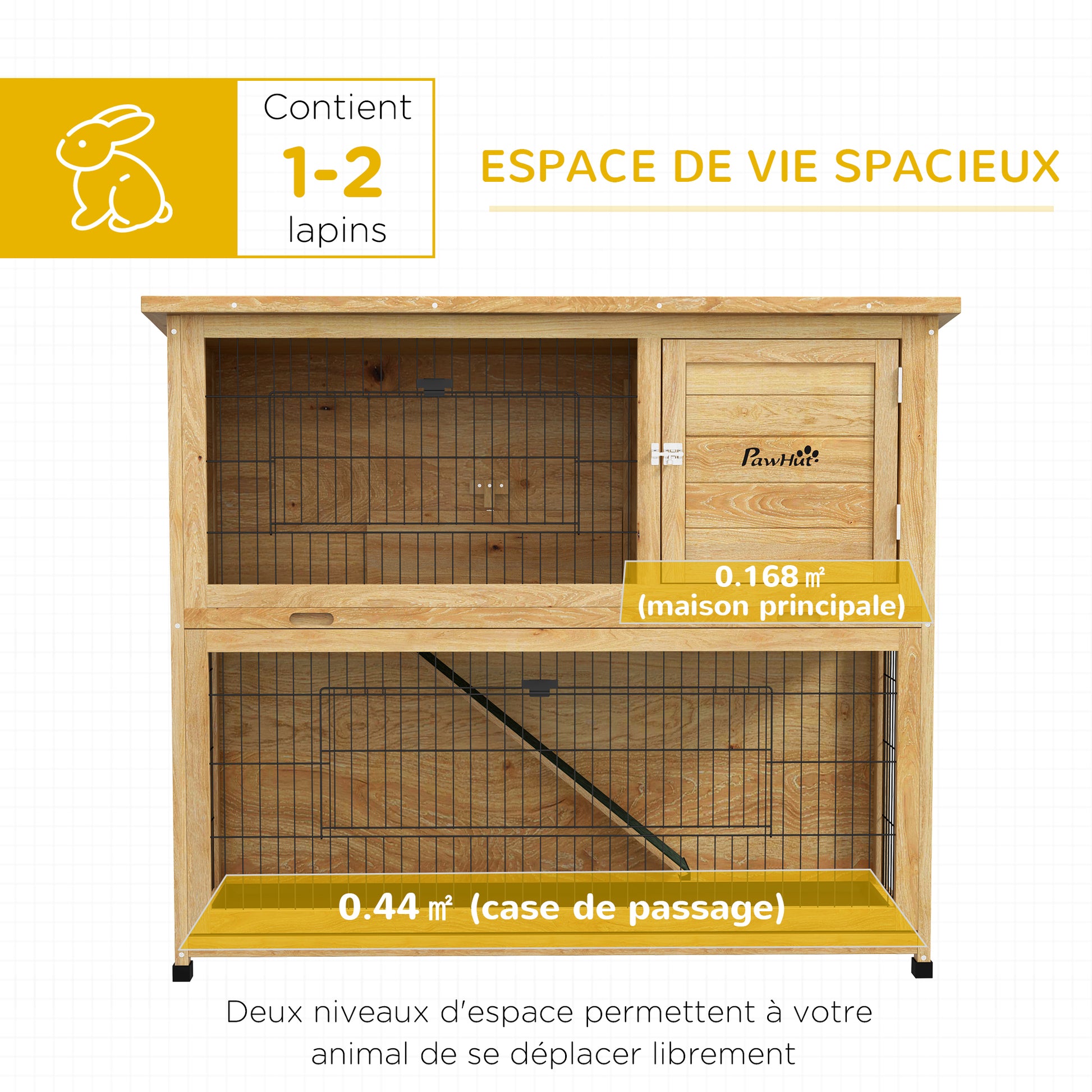 Rabbit Hutch 2 Levels with 3 Lockable Doors Sliding Tray Ramp and Bituminous Roof Solid Wood, 120 x 50 x 102 cm, Yellow