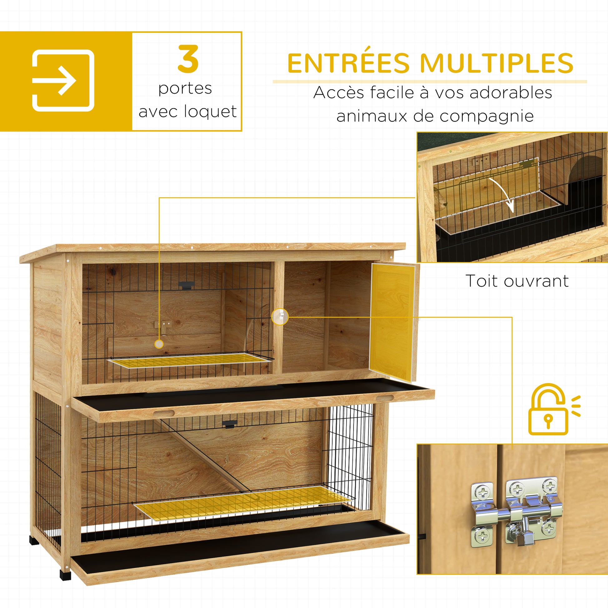 Rabbit Hutch 2 Levels with 3 Lockable Doors Sliding Tray Ramp and Bituminous Roof Solid Wood, 120 x 50 x 102 cm, Yellow
