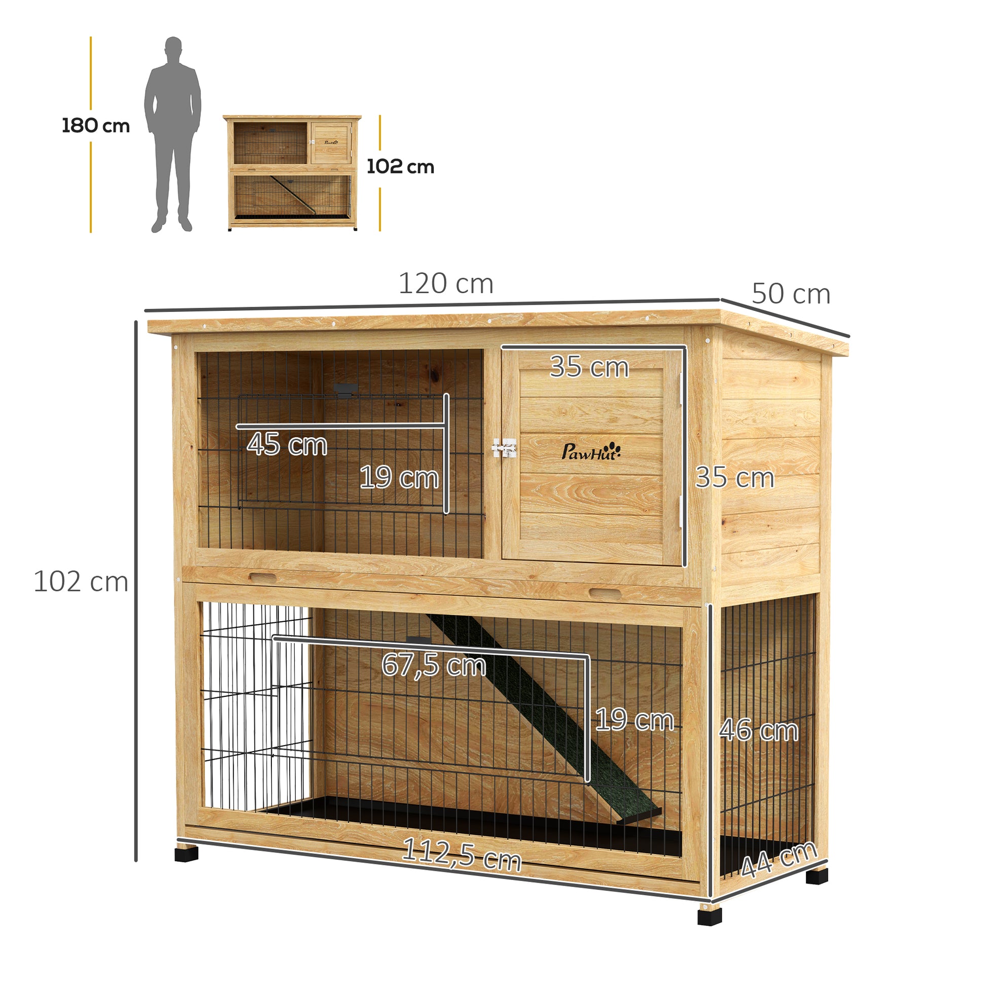 Rabbit Hutch 2 Levels with 3 Lockable Doors Sliding Tray Ramp and Bituminous Roof Solid Wood, 120 x 50 x 102 cm, Yellow